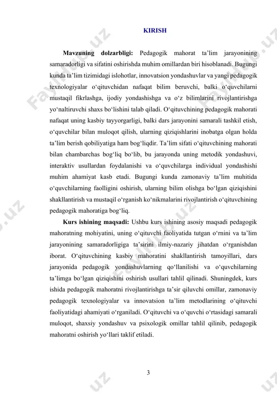 di. pedagogning psixologik malakasi uning o‘quvchilarning hissiy holatlarini tushunishi, ularga motivatsiya yaratishi va o‘qitish jarayonida o‘quvchilarning ehtiyojlarini hisobga olishi bilan bog‘liqdir. pedagogik faoliyatda o‘qituvchi o‘zini qanday tutishi, o‘quvchilarga qanday ta'sir ko‘rsatishi va ularning javoblarini qanday qabul qilishi katta ahamiyatga ega. shu bilan birga, pedagogning o‘zining psixologik holati va stressni boshqarish qobiliyati ham mahoratning muhim qismi hisoblanadi. pedagogik mahoratning psixologik asosi o‘qituvchining tajribasi, shu jumladan, uning o‘quvchilar bilan interaktsiyasi va turli pedagogik vaziyatlarni qanday hal qilishi bilan bevosita bog‘liqdir. pedagog, o‘z o‘quvchilarini to‘g‘ri tushunishi va ularga individual yondashuvni topishi orqali samarali o‘qitish imkoniyatlarini yaratadi. buning uchun o‘qituvchi o‘quvchilarning psixologik xususiyatlarini, ularning yoshi, qiziqishlari va intellektual darajalarini yaxshi bilishi zarur. bu pedagogning o‘quvchilarning ehtiyojlarini tushunib, ularga eng samarali ta'lim shakllarini taklif etishiga yordam beradi. shuningdek, pedagogning psixologik ko‘nikmalari uning o‘quvchilarga ta'sir qilish usuliga, motivatsiya yaratish va emotsional jihatdan qo‘llab-quvvatlash qobiliyatiga ham bog‘liq. pedagogik mahorat psixologik jihatdan o‘qituvchining o‘quvchilarga qanday munosabatda bo‘lishini, ularning …