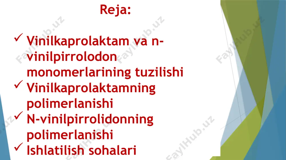imer pvp odatda pivo, sirka va sharobni tozalash vositasi sifatida ishlatiladi. polivinilpirrolidon qalinlashtiruvchi, emulsifikator, moylash materiallari va tiniqlashtiruvchi vosita, shuningdek pvp-i dezinfektsiya va sterilizatsiya agenti sifatida keng qo'llaniladi. n-vinilpirrolidon polimerlanishi yon o’rinbosarlari sifatida azot tutuvchi geterosikllar bo`lgan karbosiklik polimerlarga qiziqish ularni biomosliligi, kompleks hosil qilish хususiyati yuqoriligidadir, ayrimlari esa biologik faollik ham namoyon qiladi. bunday polimerlarga yaqqol misol sifatida poli-n-vinilkaprolaktamni keltirish mumkin. u suvli eritmalarda erishida pastki kritik harorati tirik sistemalarda faoliyat ko`rsatuvchi sohada bo`ladi. uning bu хususiyati flokulyantlar, sorbentlar, yangi dorivor shakllar, fermentlar, tirik hujayralarni kapsulalash uchun polimerlar kabi turli vazifani bajaruvchi polimer materiallar olishda istiqbolli hisoblanadi. vinilkaprolaktam polimerlanishi ishlatilishi n-vinilpirrolidon asosidagi polimerlar organizmda sekin parchalanadigan fermentlarni immobillash uchun ishlatiladi. bundan tashqari ular biologik inert bo'lganligi uchun tibbiyotda ham ishlatiladi. kamchiligi esa uning organizmda to'planib qolishidir. bu jihatdan fermentlar ta‘sirida gidrolizlanadigan tabiiy polimerlar ahamiyatlidir. shuning uchun dlori vositalariga dekstran, sintetik tashuvchilardan n- vinilpirrolidon asosida polimerlar qo'shiladi. n-vinilkaprolaktam zvenolarini boshqa …