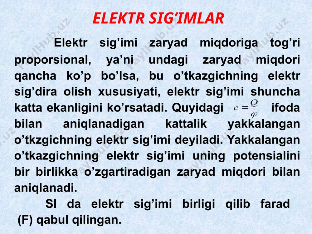 o’lаdi. shuning uchun hаr bir kоndеnsаtоrdаgi zаryad miqdоri parallel ulаsh yangi mavzu bo’yicha test savollari. 1. kondensatorning vazifasi nima? a. o’zida elektr zaryadni to’plash. b. to’kni kamaytirish. s. elektr tokini o’zgartiradi. 2. si dagi elektr sig’imi birligi? a. volt (v) b. farad (f) s. amper (a) 3. kondensator turlarining to’g’ri ko’rsatilgan qatorini toping? a. silindirik, yassi, yarim o’tkazgichli. b. yassi, kubik, sferik. s. slindrik, yassi, sferik. e’tiboringiz uchun rahmat! image3.jpeg image4.wmf oleobject1.bin image5.jpeg image6.jpeg image7.wmf image8.wmf image9.wmf oleobject2.bin oleobject3.bin oleobject4.bin image10.jpeg image11.jpeg image12.jpeg image13.jpeg image14.wmf image15.png oleobject5.bin image16.png image1.jpeg j q c = r 1 r 2 l 40- расм. 41- расм. r1 r2 l � embed pbrush ��� 40-расм. 41-расм. _1065691922 � embed pbrush ��� _1065692383