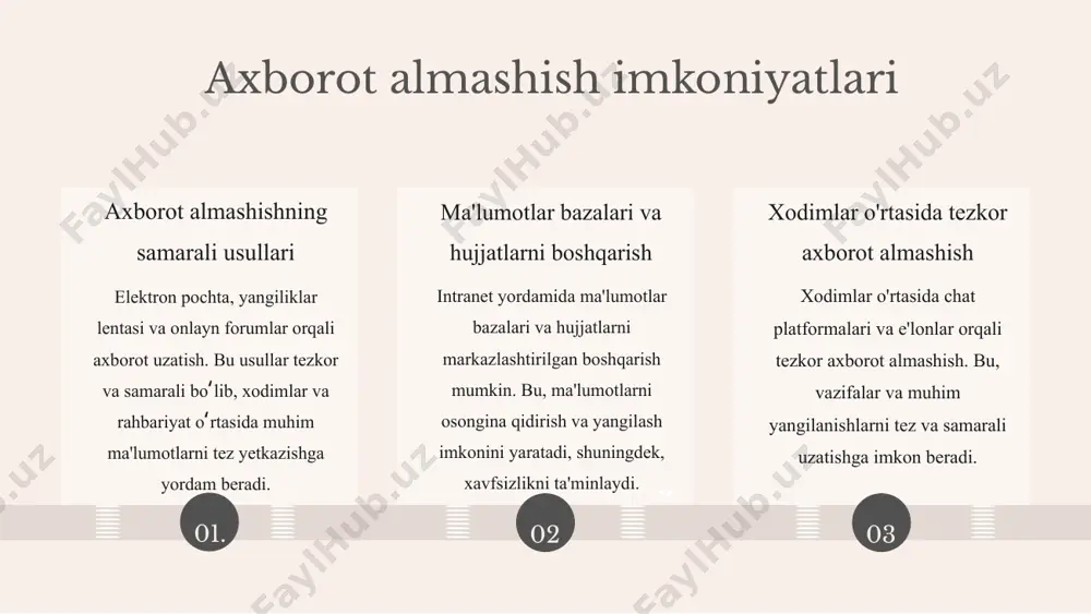 iyaning raqobatbardoshligini ta'minlaydi. raqamli texnologiyalar va intranetlar orqali innovatsiyalarni rivojlantirish, biznesning uzoq muddatli o'sishiga xizmat qiladi. intranetlardan foydalanishning amaliy usullari intranetlar orqali ma'lumotlarni tezkor almashish, ish jarayonlarini avtomatlashtirish va hamkorlikni kuchaytirish mumkin. masalan, ishlab chiqarish jadvali, moliyaviy hisobotlar va loyiha fayllarini osongina baham ko'rish mumkin. bu usullar orqali vazifalar belgilash, nazorat qilish va jamoaviy muhokamalar uchun forumlar va chatlar ishlatiladi. katta kompaniyalar muvaffaqiyatli intranetlardan foydalanib, loyihalarni samarali boshqaradi va ichki aloqalarni rivojlantiradi. bu usullar biznes jarayonlarini soddalashtiradi va mahsuldorlikni oshiradi. ish jarayonlarini optimallashtirish intranetlar yordamida ish jarayonlarini avtomatlashtirish vaqt va resurslarni tejashga yordam beradi, xatoliklarni kamaytiradi. resurslarni boshqarish va ularga kirishni yaxshilash orqali ish samaradorligini oshirish mumkin, bu esa kompaniyaning raqobatbardoshligini kuchaytiradi. muvaffaqiyatli biznes misollari intranet yordamida ish jarayonlarini avtomatlashtirish natijasida ishlab chiqarish va xizmat ko'rsatishda sezilarli o'sishlar kuzatilgan. photo by declan sun on unsplash 1 2 3 xodimlar o'rtasida hamkorlikni kuchaytirish intranetlar orqali jamoaviy ishlarni rivojlantirish loyihalar va vazifalarni …