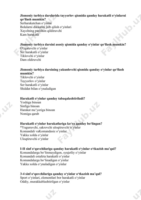 vojlantiruvchi o‘yinlar estafetali o‘yinlar 5-7 sinf o‘quvchilariga qanday harakatli o‘yinlar o‘tkazish ma’qul? sport o‘yinlariga tayyorlaydigan harakatli o‘yinlar tashkiliy va mazmun jixatdan murakkablashtirilgan o‘yinlar sodda harakatli o‘yinlar diqqatni rivojlantiruvchi harakatli o‘yinlar 8-9 sinflar uchun qanday harakatli o‘yinlar kullanadi? sport turlariga tayyorlovchi va mos harakatli o‘yinlar aloxida xordik chikaruvchi harakatli o‘yinlar estafetali o‘yinlar chidamlilikni rivojlantiruvchi o‘yinlar o‘yin rahbariga qo‘yiladigan talablar? o‘yini tanlash va o‘tkazish o‘yinda o‘zi ishtirok etish o‘tirib kuzatish o‘quvchilar o‘z o‘tkazishni buyurish o‘quvchilar o‘z o‘tkazishni buyurish o‘yinni o‘tkazishga hamma narsani inobatga olish o‘yin maydonchasini tayyorlash o‘yinga asbob uskunalar tayyorlash bolalarni bo‘yiga etibor berish harakatli o‘yinlar o‘tkazilishida yordamchilar tayinlash kerakmi? o‘yinni boshqarish qoidalarini aniq bajarishni talab qilish tomoshakilibkuzatish faqat o‘yinni natijalarini hisoblash o‘zi xoxlaganday o‘tkazish maktab sport to‘garaklarida qanday harakatli o‘yinlar qo‘llanadi? sport turlariga tayyorlovchi harakatli o‘yinlar estafeta o‘yinlari ishlarida har xil o‘yinlardan foydalaniladi. aloxida–aloxida bo‘lib o‘ynaladi. aloxida–aloxida bo‘lib o‘ynaladi. *eshak mindi xo‘rozlar jangi kun va tun poyga qaysi harakatli o‘yin …