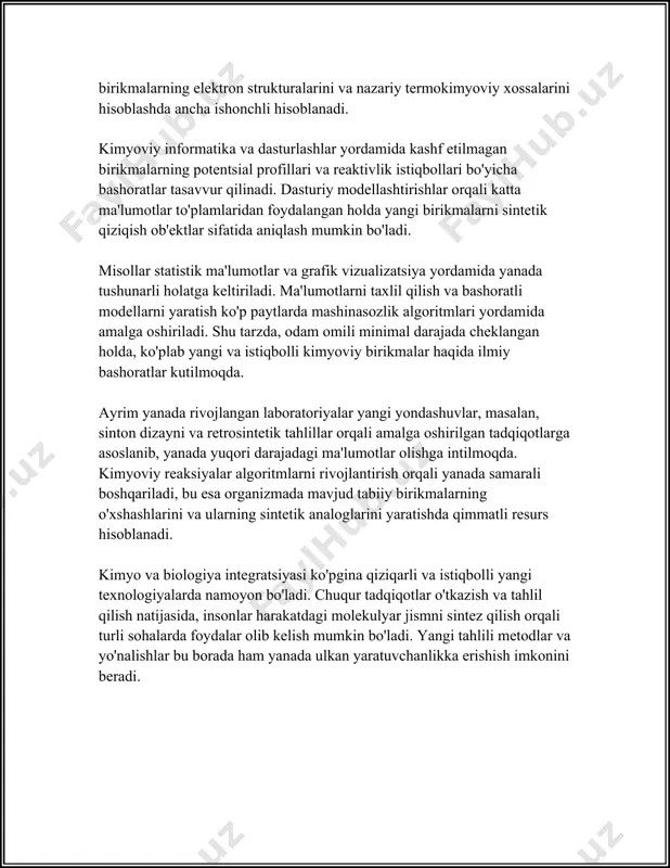 'yicha kuzatish va ularning o'zaro ta'siri asosida tizimlarning termodinamik va mexanik xususiyatlarini tushunishga imkon beradi. quyida bu mavzu haqida eng muhim ma'lumotlar keltirilgan: 1. **tashkiliy asoslar**: molekulyar dinamika simulyatsiyasi klassik mexanika tamoyillariga asoslanadi. ushbu simulyatsiyalar asosan nyutonning harakat qonunlariga tayanadi va atomlar orasidagi kuchlarga asoslangan hisob-kitoblarni oʻz ichiga oladi. 2. **vaqt va fazoviy o'lchovlar**: mds odatda pikosaniyalar (10^-12 soniya) vaqt oralig'ida simulyatsiyalarni amalga oshiradi va atom o'lchamlarini (nanometr darajasida) hisobga oladi. bu juda kichik va tezkor jarayonlarni aniqlash imkonini beradi. 3. **kuch maydonlari**: mds uchun asosiy elementlardan biri kuch maydonlarini tanlashdir. bu molekulalar orasidagi inter atom kuchlarini matematik ifodalar orqali modellashtirishdir. kuch maydonlari parametrlari empirik yoki kvant mexanik hisob-kitoblar orqali belgilanadi. 4. **lennard-jons potensiali**: mds-da keng qo‘llaniladigan potensial modellaridan biri lennard-jons potensiali bo‘lib, u van der waals kuchlari va repulsiv tashqi kuchlarni hisobga oladi. uning umumiy ifodasi 12-6 lennard-jons potensiali orqali belgilanadi. 5. **gamiltonian formalizmi**: gamiltonian dinamikasi simulyatsiyani amalga oshirish …