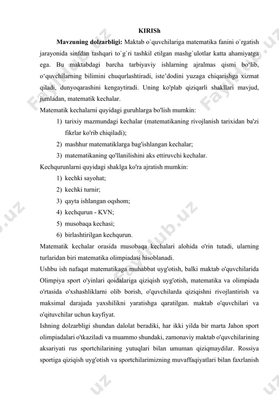 at. ishning dolzarbligi shundan dalolat beradiki, har ikki yilda bir marta jahon sport olimpiadalari o'tkaziladi va muammo shundaki, zamonaviy maktab o'quvchilarining aksariyati rus sportchilarining yutuqlari bilan umuman qiziqmaydilar. rossiya sportiga qiziqish uyg'otish va sportchilarimizning muvaffaqiyatlari bilan faxrlanish muhimdir. matematikaga qiziqishni sinfdan tashqari ishlarning nostandart va jozibali shakllariga kiritish orqali shakllantirish muhim ahamiyatga ega. ishning yangiligi yashirindir. xulosa shuki, matematika o'qituvchilari maktabda bunday ommaviy tadbirlarni o'tkazishga qaror qila olmaydi. asosiy sabab - materiallarning etishmasligi. aniqrog'i, davriy nashrlarda (masalan, "matematika" gazetasida) bunday tadbirlarni o'tkazish uchun ishlatilishi mumkin bo'lgan juda ko'p materiallar chop etiladi, ammo hech kim bu materiallarning barchasini umumlashtirish va olimpiya o'yinlari uchun ishlashga qaror qilgani yo'q. . ushbu ish maktab olimpiadalarini rivojlantirishga yordam berish uchun mo'ljallangan. darhaqiqat, sinfdan tashqari matematika darslari hozirgi vaqtda yangilanishni talab qiladi va ilmiy va amaliy faoliyatning boshqa sohalari bilan yaqin aloqada bo'lishni talab qiladi. qolaversa, bunday musobaqalar maktab o‘quvchilarida katta qiziqish uyg‘otmoqda. an'anaviy matematika olimpiadasidan …