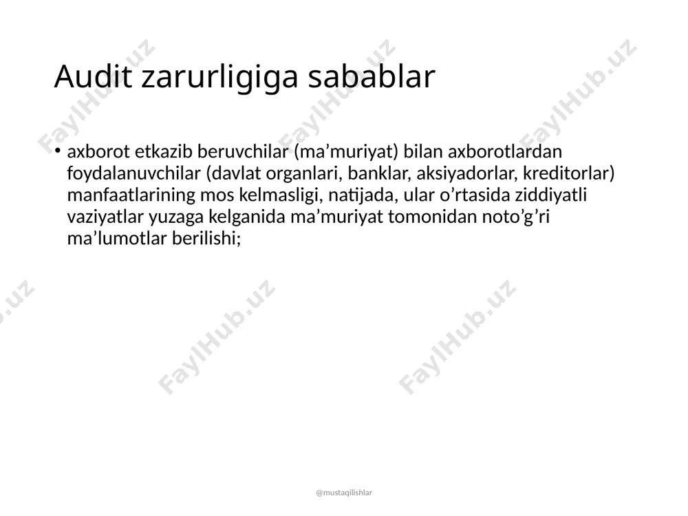 matbuotda e’lon qilindi. @mustaqilishlar hozirgi kundagi eng yirik auditorlik kompaniyalari firma nomi foydasi mlrd ishchilar soni moliya yili shtab kvartiralari pwc (officially pricewaterhouse coopers) $29.2 169 2011 buyuk britaniya deloitte touche tohmatsu $28.8 182 2011 amerika qo'shma shtatlari ernst & young $22.9 152 2011 buyuk britaniya kpmg $20.6 138 2010 niderlandiya @mustaqilishlar o’zbekiston resbuplikasi markaziy bankining 1998 yil 4 iyuldagi “tijorat banklarining ichki auditiga qo’yiladigan talablar” va “tijorat banklarida ichki nazoratni tashkil etishga doir tavsiyalar”i ishlab chiqildi va yangi tahrirda qabul qilingan tartibga solish jarayonini ancha yaxshiladi. 1999 yilda markaziy bank jahon banki bilan birgalikda bank tizimini isloh qilishda muhim ahamiyatga ega bo’lgan moliya institutlarini rivojlantirish loyihasini o’zlashtirishga kirishdi. shunga asosan ushbu loyiha asosida tijorat banklarida ichki audit xizlmatlarini takomillashtirish bo’yicha bir qancha jahon banki maslahatchilari ish olib borishdi. @mustaqilishlar banklarda tashqi audit va uni o’tkazish tartibi tashqi auditning maqsadi banklarning xalqaro buxgalteriya hisobi standartlariga mos ravishda tuzilgan moliyaviy hisobotlarni …