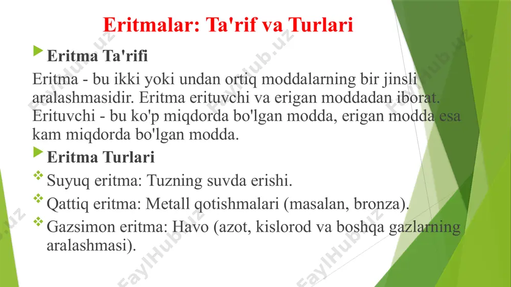 ish: analitik tarozida aniq tortish. erigan moddani erituvchida eritish: to'liq eriguncha aralashtirish. eritmani kerakli hajmga yetkazish: o'lchov kolbasida belgigacha to'ldirish. suyuq eritmadan eritma tayyorlash (suyultirish asosiy eritmaning kerakli hajmini hisoblash: c1v1 = c2v2 formulasi bo'yicha hisoblash. eritmani suv bilan suyultirish: pipetka yordamida aniq hajm olish. eritmani kerakli hajmga yetkazish: o'lchov kolbasida belgigacha to'ldirish. eritma tayyorlashda aniqlik va ehtiyotkorlik muhimdir. to'g'ri usullarni qo'llash kerakli konsentrasiyaga erishishga yordam beradi. qattiq moddadan eritma tayyorlashda moddaning to'liq erishiga e'tibor qaratish kerak. eritma tayyorlashdagi hisoblar: misollar molyar eritma tayyorlash misoli 0.5 m nacl eritmasini 250 ml tayyorlash. nacl ning molyar massasi: 58.44 g/mol. kerakli massa: 0.5 mol/l * 0.250 l * 58.44 g/mol = 7.305 g. massa ulushli eritma tayyorlash misoli 10% li nacl eritmasini 100 g tayyorlash. kerakli nacl massasi: 10% * 100 g = 10 g. suv massasi: 100 g - 10 g = 90 g. suyultirish misoli 2 m hcl eritmasidan 0.1 …