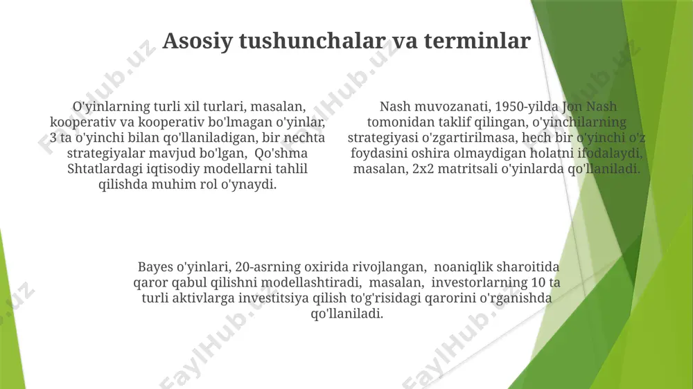 salan, aqshning ichimliklar bozorida, tahlil qiladi. oligopaliya modellari, masalan, cournot modeli, korxonalarning 2 ta yoki undan ortiq bozor ishtirokchilarining miqdorini va narxini aniqlash uchun raqobat strategiyasini tahlil qiladi, bu yerda har bir firma boshqalarining harakatlarini hisobga oladi. stackelberg lider-kuzatuvchi modeli, germaniyaning 1934 yildagi iqtisodiy tadqiqotlariga asoslanib, bir firma raqobatdoshlarning reaksiyasini oldindan bilish orqali optimal strategiyasini belgilaydi va shu bilan bozor ulushini 50% ga oshirishi mumkin. risk va noaniqlik noaniqlik esa, ehtimolliklar noma'lum bo'lgan vaziyatlarni ifodalaydi, masalan, 1929-yildagi buyuk depressiya kabi global iqtisodiy inqirozning ehtimolini aniq baholash qiyin. frank knight 1921-yilda xavf va noaniqlik o'rtasidagi farqni aniqlab berdi, unda xavf ehtimolliklari aniq ma'lum bo'lgan holatlarni, masalan, 100 ta lotereyadan 50 tasining yutuqli ekanligini bildiradi. o'yinchilarning qarorlarini modellashtirishda, xususan, 2x2 matritsali o'yinlarda, xavf va noaniqlikning hisobga olinishi natijalarga sezilarli ta'sir ko'rsatadi, bu esa, masalan, amerika qo'shma shtatlari va xitoy o'rtasidagi savdo urushlarida aniq ko'rinadi. axborot iqtisodiyoti axborot iqtisodiyotida 2000-yillardan boshlab, ayniqsa, raqamli …