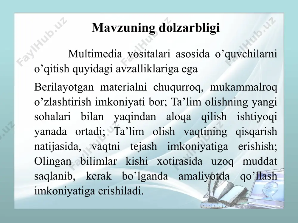 nazariy asosi 3. videoma’ruzalar yaratuvchi dasturiy vositalar tahlili i i bob. “media ta’lim” fanidan videoma’ruzalar to‘plamini ishlab chiqish 2. “media ta’lim” fanidan videoma’ruzalar to‘plamini ishlab chiqish 3. youtube. ijtimoiy tarmog‘iga “media ta’lim” fani videoma’ruzalar to‘plamini joylash 1. adobe premiere pro, vn dasturlar misolida foydalanish imkoniyatlari video montaj jarayoni youtube ijtimoiy tarmog’i iii bob. “media ta’lim” fanining videoma’ruzalar to‘plamidan foydalanish metodikasi 1. “media ta’lim” fanini o‘qitishda video ma’ruzalardan foydalanishning amaliy ahamiyati 2. video ma’ruzlardan foydalanishning samaradorligi “media ta’lim” fanidan multimedianing asosiy tushunchalari va afzalliklari haqida bir qator amaliy ishlar hamda mulohazalar yuritildi. shu sababdan ham, berilayotgan har bir fikrning isboti o‘laroq, dars jarayonida videoma’ruzalardan foydalanish berilayotgan materialni chuqurroq, mukammalroq o‘zlashtirish imkoniyati bor va shu o‘tilgan darslarning ta’lim sifatiga ta’sirini baholash hamda tahlil qilishga imkoniyat darajasida harakat qilindi. quyida esa shu harakatlarning natijasi sifatida “media ta’lim” fanidan multimedianing asosiy tushunchalari va afzalliklari mavzusida dars ishlanmasi havola qilingan. mavzu: multimedianing asosiy tushunchalari va …