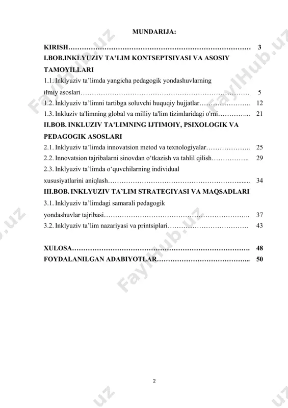 balki interaktiv metodlar, loyihaviy faoliyat, raqamli texnologiyalar va stem/steam asosidagi pedagogik usullarni ham qo‘llash zarur. so‘nggi yillarda ta’lim tizimi jadal o‘zgarishlar va yangilanishlar bosqichida rivojlanmoqda. shu jarayonda inklyuziv ta’lim tizimi dolzarb va ustuvor yo‘nalishlardan biri sifatida ajralib turadi. inklyuziv ta’lim har bir o‘quvchining individual xususiyatlari, qobiliyatlari va ehtiyojlarini hisobga olgan holda, teng ta’lim imkoniyatlarini yaratishga qaratilgan. bu yondashuvning asosiy maqsadi — har bir bolaning shaxsiy rivojlanishi, o‘z-o‘zini anglash va jamiyatga muvaffaqiyatli integratsiyasini ta’minlashdir. o‘zbekiston ta’lim tizimida inklyuziv ta’limga e’tibor kuchayib, ta’lim muassasalarida yangi pedagogik metodlarni joriy etish zaruriyati ortib bormoqda. muvaffaqiyatli inklyuziv ta’limni tashkil etish nafaqat pedagoglarning kasbiy malakasi va metodik tayyorgarligini, balki raqamli texnologiyalar, interaktiv metodlar va loyihaviy faoliyatni qo‘llashni ham talab qiladi. shu bilan birga, ota-onalar va jamiyatning faol ishtiroki ham inklyuziv jarayonlarning samaradorligini oshirishda muhim rol o‘ynaydi. bitiruv malakaviy ishining maqsadi:inklyuziv ta’lim jarayonida muvaffaqiyatga erishish uchun yangicha pedagogik yondashuvlarni o‘rganish va ularni amaliyotga tatbiq etish imkoniyatlarini tahlil …