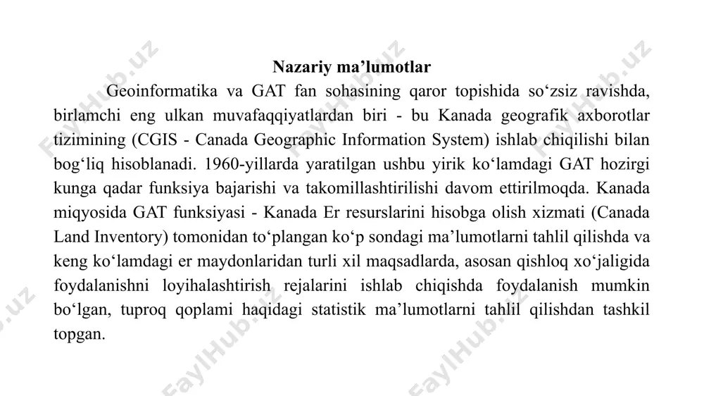 igi sohasida foydalanish haqidagi umumiy tushunchalarni xosil qilish, talabalar tomonidan zamonaviy geoaxborot texnologiyalari (gat) uslublarining o‘zlashtirilishi, geoaxborot sohasida modellashtirish bo‘yicha mukammal bilimlar va amaliy ko‘nikmalarni xosil qilish, shuningdek tuproq resurslarining funksional-ekologik sifat darajasini baholash ko‘nikmalarni qaror toptirishdan tashkil topadi. bu maqsadni bajarish uchun, quyidagi vazifalarni bajarish talab qilinadi: geoaxborot texnologiyalaridan (gat) foydalanib, makonda joylashgan koordinatsiyalar haqidagi ma’lumotlarni majmuaviy tahlil qilish bo‘yicha tizimlashtirilgan nazariy bilimlar va amaliy ko‘nikma-malakalarga ega bo‘lish; tadqiqotchilik, axborot-tahliliy, oldindan bashorat qilish (prognozlash) va baholash mazmuniga ega masalalarni hal qilishning ishchi variantlarini geoaxborotlar sohasiga oid atamalar asosida shakllantirish ko‘nikmalarini qaror toptirish; relefning raqamli formatga ega bo‘lgan modellaridan foydalanish asosida, tabiiy tuproq resurslarining asosiy tarkibiy qismlari tavsiflari bo‘yicha tajriba yo‘li bilan olingan ma’lumotlarni tahlil qilish qobiliyatini rivojlantirish. gat haqida umumiy ma’lumotlar. geoaxborotlar texnologiyalari ishlab chiqilganiga qariyb 50 yildan oshdi. bu davr ushbu yuksak texnologik yo‘nalish rivojlantirilishi uchun ko‘p vaqtmi yoki kam vaqtmi? nima uchun geoinformatika va geoaxborotlar texnologiyalari axborot …