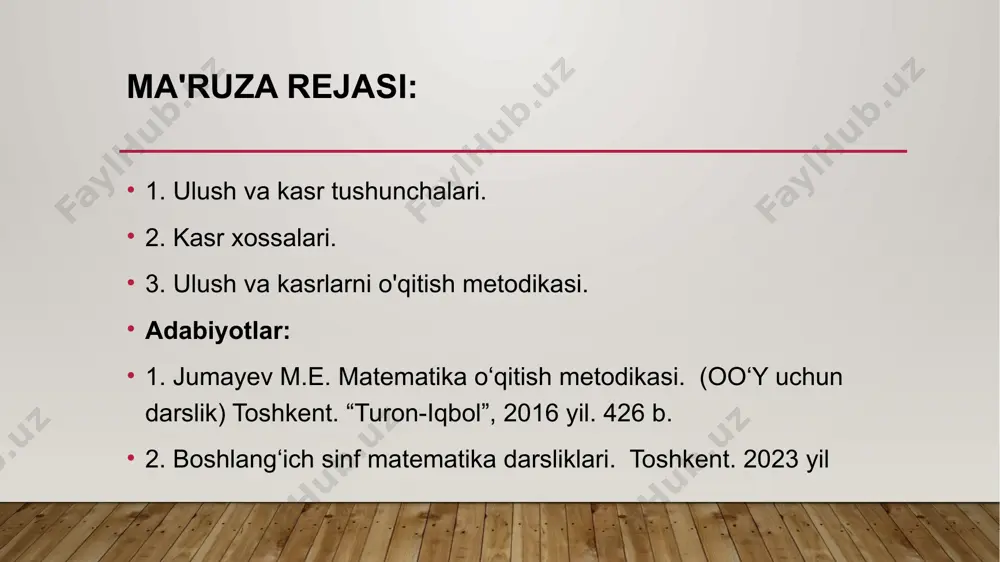 shish, bir xil suratli va bir xil maxrajli kasrlarni taqqoslashni o‘rgatish, butunning kasr qismini va kasr qismiga ko‘ra butunni topishga oid masalalar yechishni o‘rganish. metodika ulush va kasrlar biror hayotiy ob'ektni (kvadrat, doira, bo'lak, meva, sabzavotlar va boshqalar) teng qismlarga bo'lish natijasida paydo bo'ladi. yuqoridagi barcha savollar ko‘rgazmali asosda ochiladi, bu bilan bog'liq amaliy ishlardan foydalanish muhimdir. o‘qitish vositalari geometrik shakllar multimedia masalalar rasm va chizmalar ulushlar bilan tanishtirish kesma yordamida ulushlarni taqqoslash ulushlarni taqqoslash ulushlarni taqqoslash topshiriqlar: shaklning qanday qismi bo‘yalgan? masala vinni pux 12 ta idish asal tayyorladi. va asalning 1/6 qismini yeb qo‘ydi. u qancha asal idishini bo'shatgan? sonning ulushini topish uchun sonni berilgan kasrning maxrajiga bo'lish kerak, bu esa teng qismlar sonini ko'rsatadi. 12 : 6 = 2 (ta) javob: 2 ta asal idishini bo'shatgan. ulushiga ko‘ra sonni topishga oid masala pyatachok tug'ilgan kunga shoshayotgan edi va uning qo'lida 5 ta shar bor edi. uning so'zlariga …