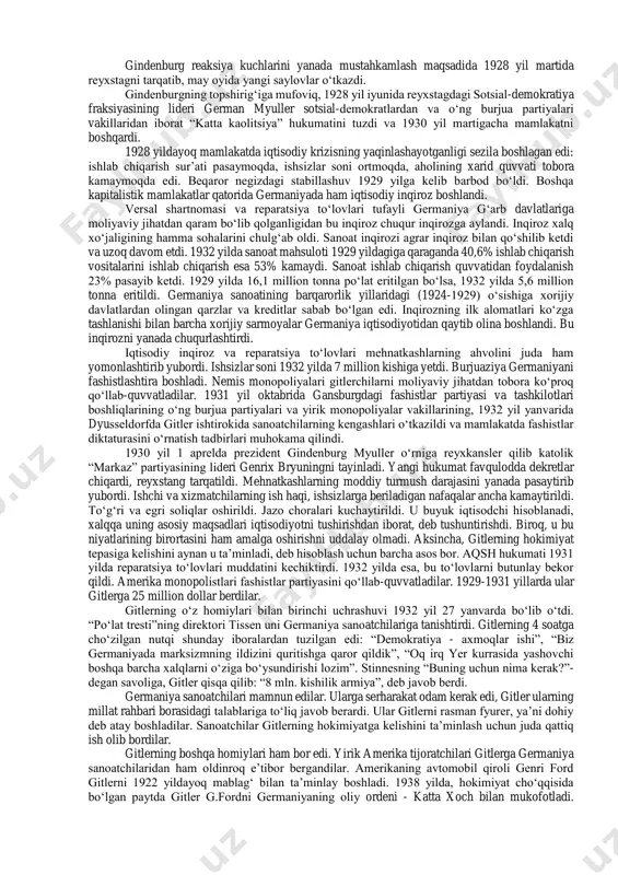 “mustaqil” sotsial-demokratlar bo‘lganligidan, bu hukumat sotsial-demokratik hukumat edi. ebert va sheydemanlar hukumat boshliqlari bo‘lib oldilar va hukumatni “sof sotsialistik hukumat” deb atadilar. “topilmas mutaxassislar” bahonasi bilan hukumatga burjua amaldorlari bir qancha sobiq ministrlar ham kiritildi. bu hukumat aslida burjua-yunkerlar manfaatlarini himoya qiluvchi burjua hukumati edi. 1918 yil 12 noyabrda germaniya bilan antanta o‘rtasida germaniyaning batamom taslim bo‘lishi to‘g‘risida yarash bitimi imzolandi. 1918 yilning 16-21-dekabrida sovetlarning birinchi umumiy germaniya syezdi bo‘lib o‘tdi. syezdda o‘ng sotsial-demokratlar va “mustaqil” sotsial- demokratlar ko‘pchilikni (485 kishidan 375 kishi) tashkil etdi. syezd butun hokimiyatni ebert hukumati qo‘lida qoldirish va ta’sis majlisiga saylovlar o‘tkazish to‘g‘risida qaror qabul qildi. 1919 yil 19 yanvarda milliy ta’sis majlisiga saylovlar o‘tkazildi. ko‘pchilik o‘rinni burjua partiyalari (xristian demokratik partiya”, “katolik-markaz” partiya, savdo-sanoat burjuaziya partiyasi bo‘lgan “demokratik partiya” sanoat va moliya magnatlari partiyasi bo‘lgan “xalq partiyasi” va boshqa partiyalar) egalladi. 1919 yil 6 fevralda kichik veymar shahrida ta’sis majlisi ochildi. shu kuni o‘ng …