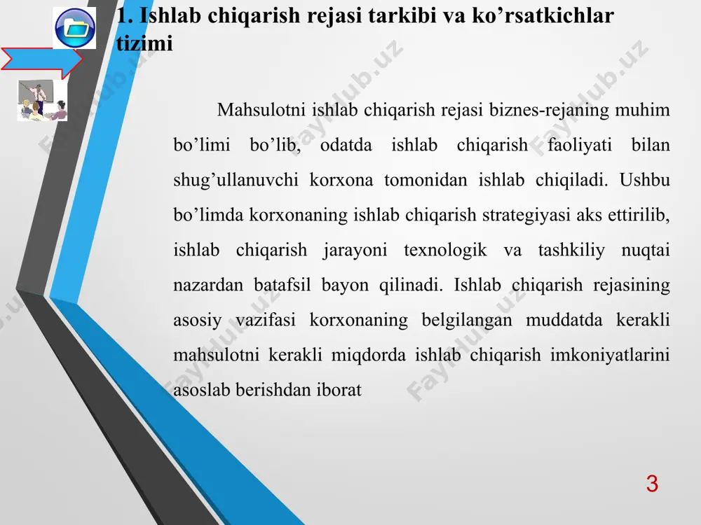 undan tashqari tannarxga kiruvchi materiallar, mehnat va boshqa elementlar bo’yicha xarajatlarni nazorat qilish uslublari ko’rsatilishi ham mumkin. atrof muxitni himoya qilish tizimi. biznes-rejada atmosfera, suv resurslari kabilarga ta’sirni baholash keltiriladi. chiqindilarni qayta ishlash, yo’q qilish bo’yicha tadbirlar xarajatlari ko’rsatiladi. 9 ishlab chiqarish dasturi bozorni o’rganish, korxona quvvatlarini baholash va sotuv hajmini bashorat qilishdan so’ng ishlab chiqiladi. gap shundaki, loyihalarning aksari qismi uchun korxona ish boshlagan dastlabki yildayoq muvaffaqiyatga erishishi real vazifa emas. ishlab chiqarish faoliyati boshlangan zahoti belgilangan quvvat bilan mahsulot ishlab chiqarish imkoniyatiga bo’lgan engil va oziq-ovqat sanoati uchun ham birinchi yilda ishlab chiqarish hajmi korxona quvvatlari yo’l qo’yishi mumkin bo’lgandan kamroq miqdorda rejalashtiriladi. biroq bu doimiy qoidaga aylanib qolmasligi kerak. biznes-rejada har bir turdagi mahsulotning natural birliklaridagi ishlab chiqarish xajmi va uning oxirgi uch yildagi o’zgarishlari to’g’risidagi hamda bu ko’rsatkichlarning kelgusi 3-5 yildagi qiymatlari keltiriladi. ishlab chiqarish dasturining asosiy ko’rsatkichlari yalpi mahsulot, tayyor (tovar) mahsulot va tugallanmagan ishlab …