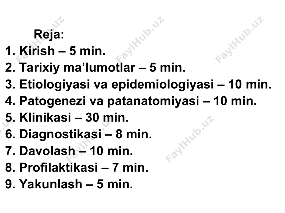 denitning rivojlanishi bakteriemiya intoksikatsiya parenximatoz diffuziyasi qo’zg’atuvchining organizmdan chiqishi immunitetning shakllanishi va gomeostazning tiklanishi patogenezi (davomi) infeksion-toksik ensefalopatiya (status typhosus) ichak shilliq qavatining trofikasining buzilishi (ichak yaralari, meteorizm, ba’zan ich ketishi alomatlari) suyak kumigining zararalanishi (leykopeniya) toksik miokardit ingichka ichakka kirishi solitar follikulalar va peyer pilakchalari mezenterial limfa tugunlari ko’krak limfa yo’li orqali qonga o’tishi bakteriemiya (qorin tifining birlamchi klinik belgilari) tif tayoqchalarining nobud bo’lishi va endotoksinni ajralishi endotoksin to’planishi mnsga toksik ta’sirni keltirib chiqaradi. «tifoz status» uchun xarakterli bo’lgan depressiya, adinamiyaga olib keladi. ichak xarakat innervatsiyasining parezi va hazm fermentlari ishlab chiqarishning pasayishidan qabziyat va meteorizm rivojlanadi. mikrotsirkulyatsiining buzilishi, tomir o’tkazuvchanligining oshishi, ichak limfatik xosilalarida yaralarning paydo bo’lishi, ichakdan qon ketish rivojlanishi uchun sharoit yaratadi. trombotsitopeniya, gipofibrinogenemiya, gipokaltsemiya kuzatiladi. immunitet 4-5- kunlarda spesifik igm ning shakllanishi 2-3- haftada– o-antitela igm va igg paydo bo’lishi t-xujayralarining umumiy defitsiti va t-xelperlarning va t-supressorlarning kamayishi postinfeksion immunitet – 15-20 yilgacha saqlanadi. 1,5-2 …