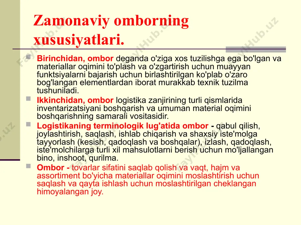 maqsad; 2. suv omborlari; 3. xavfli odamlar uchun seyflar; moddalar; 4. ixtisoslashtirilgan saqlash omborlari (sabzavot saqlash joylari, meva saqlash joylari, mashina sovutgichli sovutgichli omborlar, oziq-ovqat mahsulotlarini saqlash uchun muzliklar va boshqalar). umumiy maqsad 2. neft bazalari, yoqilg'i omborlari (tank). 3. xavfli moddalar uchun seyflar bilan jihozlangan omborlar 4.ixtisoslashtirilgan omborlar omborlar shuningdek quyidagilar bo'yicha tasniflanadi: 1. saqlanadigan materiallarning turi va xarakteri universal ixtisoslashgan 2.yong'inga chidamlilik darajalari yong'inga chidamli olovga chidamli yonuvchan yopiq ochiq yarim yopiq maxsus 4.ombor qurilishi turi 3. harakatning joylashuvi va miqyosi: markaziy, tuman, do'kon darajasida. ombor binolarini sinf bo'yicha tasniflash. “ a+ ” klassi logistika nuqtai nazaridan eng qulay va qulay joylashgan ombor binolarini birlashtiradi. bunday omborlarda etarli joy, ofis va xizmat ko'rsatish binolari, saqlash va yuklash uskunalari mavjud. bunday binolarni ijaraga olish narxi eng yuqori. "a" klassi biroz arzonroq, garchi ular oldingi toifaga xos bo'lgan ko'plab talablarga javob beradi. bular ham rivojlangan infratuzilmaga ega bir qavatli kapital …