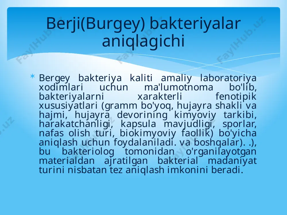 anuvchi va futlyarli bakteriyalar 15- va 16-guruh. sirpanuvchi bakteriyalar 17-guruh. gram(+) kokklar 18-guruh. spora hosil qiluvchi gram(+) tayoqcha va kokklar 19-guruh. spora hosil qilmaydigan gram(+) to`gri formali tayoqchalar 20-guruh. spora hosil qilmaydigan gram(+) noto`gri formali tayoqchalar 21-guruh. mikobakteriyalar 22-29-guruhlar. aktinomitsetlar 30-guruh. mikoplazma bakteriyalar klassifikatsiyasi kamchiliklar: 1 tur ichida genlarning o`zgarish ehtimolligi katta shunga ko`ra ularning morfologiyasi va metobolizmida farq bo`ladi klassifikatsiyada ahamiyatli hujayra tuzulishi metobolizm hujayraning kimyoviy tarkibi bakteriyalar klassifikatsiyasi bugungi kunda zamonaviy klassifikatsiya molekular filogenetikaga asoslanadi. filogenetika usullari genom gc-tarkibini aniqlash genom gibridizatsiyasi genlarni sekvinerlash “berji” aniqlagichi birinchi marta 1923 yili devid berji tomonidan chop ettirilgan. “berji” aniqlagichi i bo`lim gracilicutes gram manfiy yupqa devorli bakteriyalar ii bo`lim firmicutes gram musbat qalin devorli bakteriyalar iii bo`lim tenericutes hujayra devoir mavjud emas, gram manfiy bo`yaladi iv bo`lim mendosicutes ayrimida peptidoglikan yaxshi taraqqiy etmagan, gram (+) va (-) bo`yaladi bergining bakteriologik sistematikaga oid qo'llanmasi - prokaryotik organizmlarning kimligini aniqlash uchun asosiy …