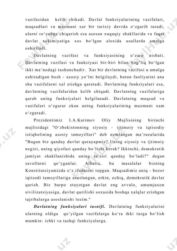 iri esa insonning xuquq va erkinliklarini, ijtimoiy farovonlikni ta’minlash, respublikaning barcha fuqarolari uchun teng imkoniyatlar yaratish, davlatning qo‘llab-quvvatlashiga muxtoj bo‘lganlarni ijtimoiy ximoya qilishdan iboratdir. o‘zbekistonning o‘z rivojlanish va yangilanish yo‘li xalqning ma’naviy merosini mustaxkamlash va rivojlantirishga asoslanadi, chunki bu respublika taraqqiyoti va uning butun insoniyat bilan birligining mustaxkam kafolati xisoblanadi. ma’naviyatni tiklash butun jamiyatning, birinchi navbatda davlatning gamxo‘rligidir. davlat maorif, fan, madaniyat, fuqarolar sog’ligi soxasidagi o‘z siyosatini ishlab chiqadi va turmushga tadbiq etadi, yangi ijtimoiy turmush ma’naviy soxasining rivojlanishiga xar tomonlama ko‘maklashadi. respublikadagi ekologik vaziyatning jiddiy xavf tug’dirishiga sabab bo‘luvchi tabiy muxitdan oqilona foydalana olmaslik, orol dengizining fojiyasi, atrof-muxitni muxofaza qilishni muxim davlat vazifasi darajasiga ko‘tardi. prezidentimiz i.a.karimov 21 noyabr 1995y samarkand viloyati xalk deputatlari kengashidagi nutqlarida viloyat xuquqni muxofaza qilish organlari xodimlarini qattiq tanqid qildilar va yo‘l qo‘yilgan xatolarni bartaraf etish choralarini ko‘rdilar. bozor munosabatlariga o‘tish jarayonida xuquqni muxofaza qilish organlari zimmasiga katta ma’suliyat yuklanadi. soliq siyosatini takomillashtirish iqtisodiyotni …