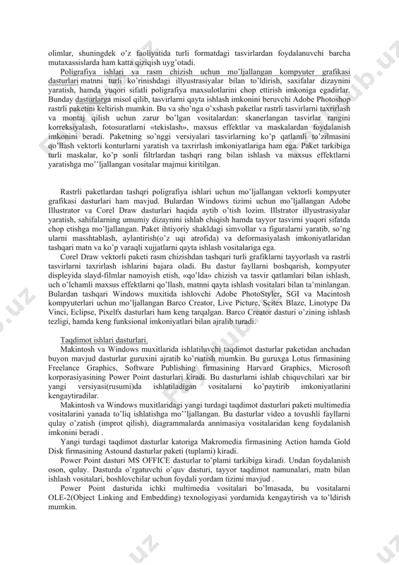 os va windows muxitlarida ishlaydi. rangli grafik va xaritalarni bu dasturlar yordamida ixtiyoriy monitor yoki tashqi qurilmalarga chiqarish mumkin. surfer paketi z=f(x,y) ko’rinishdagi funksiyalar bilan aniqlanadigan ikki o’lchovli berilganlarga ishlov berish va vizuallashtirishga mo’ljallangan. u tekislikning raqamli modelini ko’radi, yordamchi amallarini bajaradi hamda natijalarni vizuallashtiradi. grapher dasturi y=f(x) ko’rinishdagi funksiyalarga ishlov berish va grafiklarini yasashga mo’ljallanagan. unda bir rasmdagi grafiklar soni va grafiklardagi egri chiziqlar soni cheklanmagan. xar bir egri chiziq 32000 tagacha nuqtadan iborat bo’lishi va bir grafikda xar hil o’lchovli, masshtabli bir nechta koordinata o’qlari bo’lishi mumkin. mapviewer paketi kartalarni kiritish taxrirlash-masshtablarni o’zgartirish, koordinatalarni o’zgartirish hamda kartalar bilan bog’lik raqamli axborotga( masalan- demografik ma’lumotlarga) ishlov berish va grafik ko’rinishda chiqarish imkonini beradi. yuqorida keltirilgan vizuallashtirish dasturlaridan tashqari umumiy holda ishlatiladigan quyidagi vizuallashtirish dasturlari ham bor: iris explorer, vis-5d, pv- wave, khronos, data visualizer, data explorer. sgidagi earth watch dasturi yordamida er ob–xavo sharoitining uch o’lchovli tasvirini modellashtirish va …
