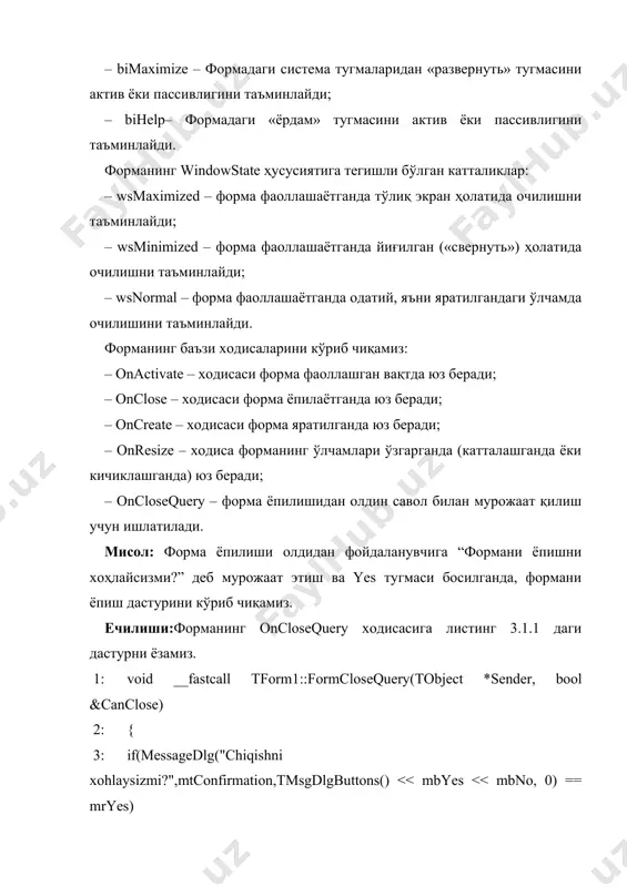 shtirish1click(tobject *sender) 36: { 37: //joylashtirish 38: memo1->pastefromclipboard(); 39: } 40: void __fastcall tform1::hammasinibelgilash1click(tobject *sender) 41: { 42: // hammasini belgilash 43: memo1->selectall(); 44: }