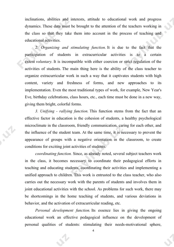 lorful forms. 3. unifying - rallying function. this function stems from the fact that an effective factor in education is the cohesion of students, a healthy psychological microclimate in the classroom, friendly communication, caring for each other, and the influence of the student team. at the same time, it is necessary to prevent the appearance of groups with a negative orientation in the classroom, to create conditions for exciting joint activities of students. coordinating function. since, as already noted, several subject teachers work in the class, it becomes necessary to coordinate their pedagogical efforts in teaching and educating students, coordinating their activities and implementing a unified approach to children. this work is entrusted to the class teacher, who also carries out the necessary work with the parents of students and involves them in joint educational activities with the school. as problems for such work, there may be shortcomings in the …