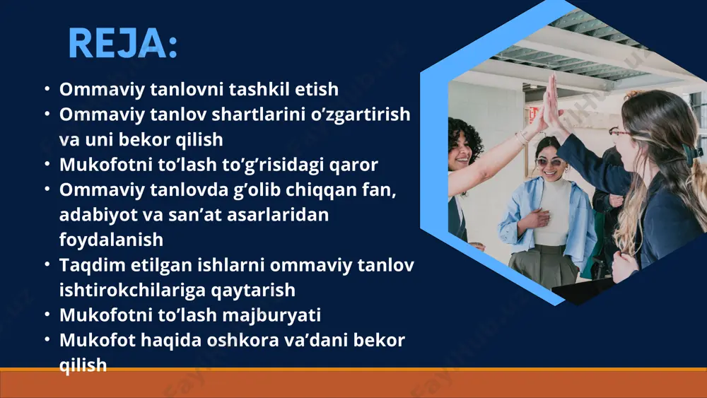 n bo’lsa,shartlashilgan mukofotga sazovor bo’lgan muallif bilan unga tegishli haqni to’lagan holda, asardan foydalanish to’g’risida shartnoma tuzishda imtiyozli huquqni qo’lga kiritadi. taqdim etilgan ishlarni ommaviy tanlov ishtirokchilariga qaytarish mukofotni to’lash majburyati mukofotni to’lash majburyati mukofot va’da qilinishi uning kim tomonidan va’da qilinganini aniqlash imkonini bergan taqdirda yuzaga keladi.va’daga qiziqish bildirgan shaxs va’dani yozma ravishda tasdiqlashni talab qilishga haqli va, agar haqiqatda mukofot to’g’risidagi e’lon unda ko’rsatilgan shaxs tomonidan qilinmagan bo’lib chiqsa , bunday talab qo’yilmaganligi oqibatlari xavfi uning zimmasida bo’ladi. e’londa ko‘rsatilgan harakatni bir necha shaxs sodir etgan hollarda, ulardan tegishli harakatni birinchi bo‘lib sodir etgani mukofotni olish huquqiga ega bo‘ladi. agar e’londa ko‘rsatilgan harakat ikki yoki undan ortiq shaxs tomonidan bajarilgan bo‘lsa va ulardan qaysi biri tegishli harakatni birinchi bo‘lib sodir etganini aniqlashning imkoni bo‘lmasa, shuningdek, agar harakat ikki yoki bundan ortiq shaxslar tomonidan bir paytning o‘zida sodir etilgan bo‘lsa, mukofot ular o‘rtasida bab-baravar yoki ularning o‘zaro kelishuvida nazarda …