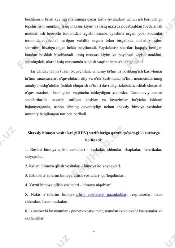 hitish a‘zolarini himoya qilish vositalari- qo’loqchinlar. 4. yuzni himoya qilish vositalari - himoya niqoblari. 5. nafas a‘zolarini himoya qilish vositalari- gaznikoblar, respiratorlar, havo shlemlari, havo maskalari. 6. ixotalovchi kostyumlar - pnevmokostyumlar, namdan ixotalovchi kostyumlar va skafandrlar. 7. korjomalar - kombinezonlar, yarim kombinezonlar, ko’rtkalar, shimlar, kostyumlar, xalatlar, plashlar, pustinlar, fartuklar, nimchalar. 8. qo’llarni himoya qilish vositalari - qo’lkoplar. 9. maxsus poyafzallar - etiklar, kalta etiklar, botinkalar, kunjli botinkalar, tuflilar, kalish, botilar. 10. extiyot moslamalari - extiyot kamarlari, dielektrik gilamchalar,qo’l changaklari, manipulyatorlar, tizzani, tirsakni va yelkani extiyot qilish moslamalari. 11. himoyalovchi dermotologik vositalar - yuviladigan pastalar, kremlar, moylar. 2.konchilikda shaxsiy himoya vositalari boshni himoya qilish ko'pgina mamlakatlarda konchilar kon boshqaruvi yurisdiktsiyasida tasdiqlangan xavfsizlik shlyapalari yoki bosh kiyimlari bilan ta'minlanishi va kiyinishi kerak. shlyapalar shlyapalardan farq qiladi, chunki ular faqat oldingi cho'qqiga emas, balki to'liq qirraga ega. bu juda nam bo'lgan shaxtalarda suvni to'kib tashlashning afzalliklariga ega. shu bilan birga, bu eshitishdan himoya …