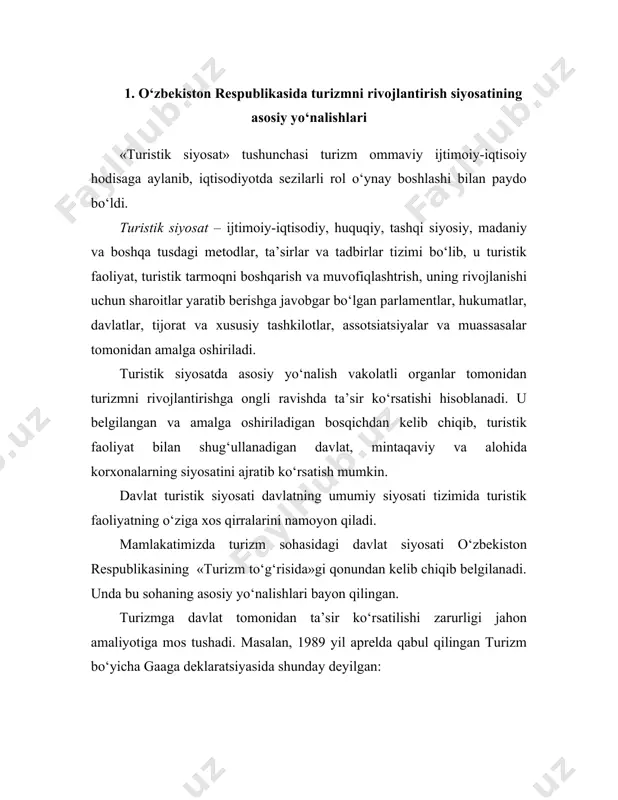 ‘yicha gaaga deklaratsiyasida shunday deyilgan: «turizm davlat organlari, shuningdek mintaqalar va turistik sanoat hokimiyatlari tomonidan kompleks va izchil asosda ushbu hodisaning barcha qirralarini hisobga olgan holda rejalashtirilishi kerak». mamlakat xalq xo‘jaligida turizm iqtisodiyotning boshqa tarmoqlari kabi ahamiyatga egaligi va ilmiy-texnika taraqqiyoti va odamlarda bo‘sh vaqt ko‘payib borishi bilan milliy turistik ma’muriyatlarning huquq va majburiyatlarini ularni xalq xo‘jaligining boshqa yirik sektorlari ega bo‘lgan darajaga tenglashtira borib, kengaytirish zarur tuyuladi. o‘zbekistonda turizmni rivojlantirish siyosati – turistik faoliyatning turli jihatlariga taalluqli bo‘lgan qoidalar paketidir. ulardan asosiylari quyidagilar hisoblanadi: · mamlakat yoki mintaqani rivojlantirishning umumiy siyosatiga mos kelish; · turizmni, turistik infratsrukturani, diqqatga sazovor joylarni, faoliyat turlarini va turistik mahsulot bozorlarining mavjud modellarini tadqiq qilish va tahlil etish asosida shakllanish; · ijtimoiy-iqtisodiy va ekologik omillarni hisobga olish. milliy va mintaqaviy vazifalar yakka tartibdagi, guruhiy yoki shaxsiy manfaatlardan ustun turadi. lekin umumiy siyosat shunday tuzilishni belgilab berishi kerakki, toki uning doirasida har qanday mulkchilik shaklidagi …