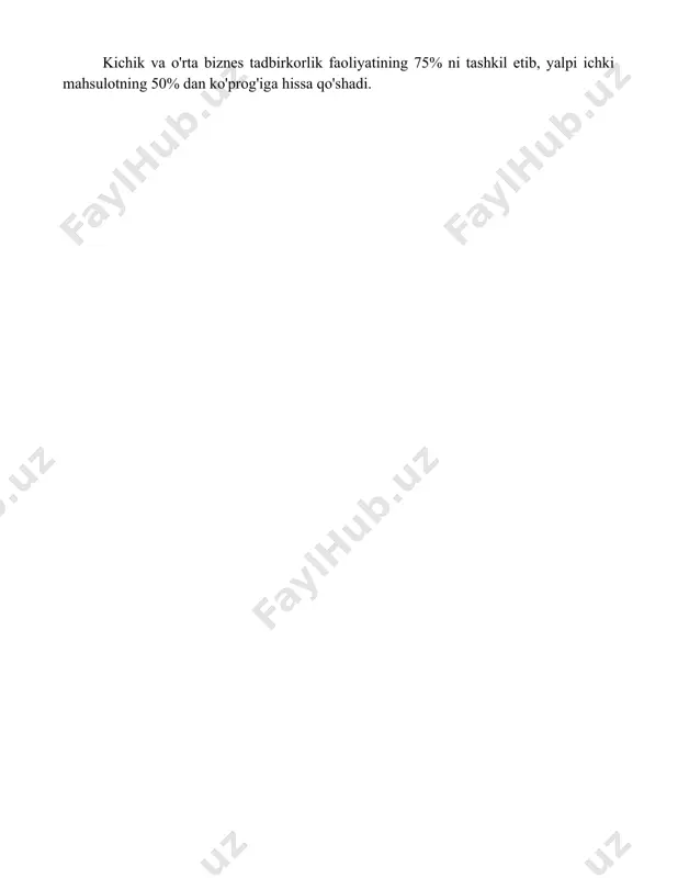 'rta biznes tadbirkorlik faoliyatining 75% ni tashkil etib, yalpi ichki mahsulotning 50% dan ko'prog'iga hissa qo'shadi. 📌xulosa tadbirkorlik faoliyati va tadbirkorlik kapitalining o'zaro bog'liqligi iqtisodiy o'sish va yangi ish o'rinlarini yaratishda muhim rol o'ynaydi. etarli kapital ta'minoti tadbirkorlikning rivojlanishini tezlashtiradi. 📚foydalanilgan adabiyotlar 1. acs, z. j., audretsch, d. b. (2010). the entrepreneurship paradox. journal of economic perspectives, 24(2), 159-71. 2. baumol, w. j. (1990). entrepreneurship: productive, unproductive, and destructive. journal of political economy, 98(5), 893-921. 3. shane, s. a. (2003)