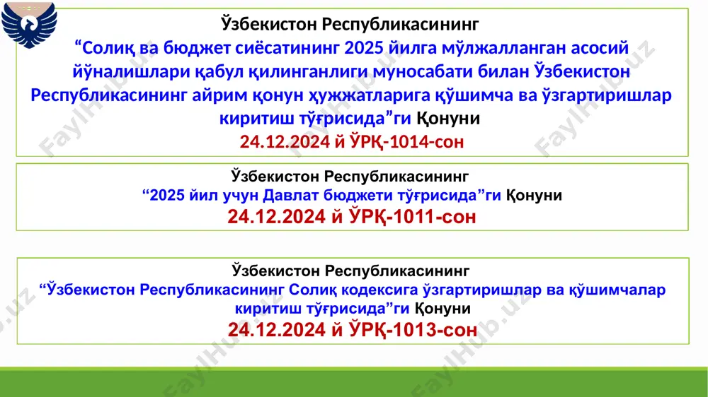январдан 2029 йил 1 январга қадар нашриёт-матбаа фаолиятидан олинган даромадлар (солиқ даври якунлари бўйича жами даромадининг камида 90 фоизини ташкил этган) фойда солиғини тўлашдан озод этилади; нашриёт ва матбаа корхоналари ихтиёрида 600,0 млрд сўм маблағлар қолади. 2040 йил 1 январга қадар ай-ти парк резидентларига ққсдан ташқари барча солиқларни (фойда, ер, мол-мулк, сув солиғи, айланма солиғи, ижтимоий солиқ) тўлашдан озод этиш тарзидаги имтиёзлар 2040 йил 1 январга қадар (амалда 2028 йил 1 январгача эди) узайтирилмоқда. (14.10.2024 йилдаги пф–157-сон фармони); 2025 йил 1 февралдан 2040 йил 1 январга қадар экспорт ҳажми 50 фоиздан ортиқ бўлган ай-ти парк резидентларининг таъсисчиларига дивиденд солиғи 5 фоиз (амалда 10 фоиз) этиб белгиланмоқда; таъсисчилар ихтиёрида 10,7 млрд сўм маблағлар қолади. мазкур имтиёз экспорт ҳажми 50 фоиздан ортиқ бўлган юридик шахслар ва 18 ёшдан ошган битирувчиларнинг 50 фоиздан ортиқ қисми экспортчи корхоналарга ишга жойлашган ай-ти таълим хизматини кўрсатувчи юридик шахсларга нисбатан татбиқ этилади. 2025 йил 1 февралдан 2030 …
