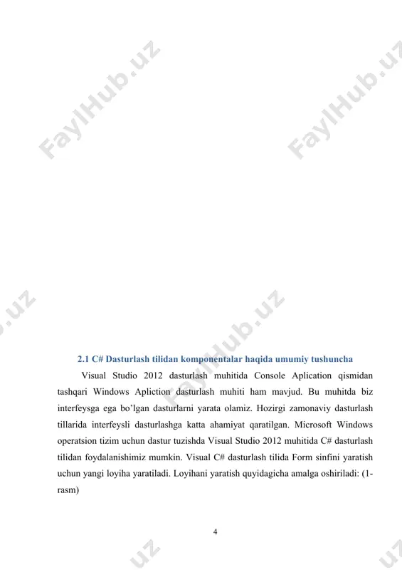 o’tganimizda, button1 nomi bilan emas, balki uning yangi qo’yilgan nomidan foydalanishimiz mumkin. button komponentasining hodisalari click – qachonki sichqoncha tugmasi bosilganda hodisa sodir bo’lishi. enter – agarda tugmacha faol holatga o’tgan bo’lsa, u holda kiritish tugmasini bosishda sodir bo’luvchi hodisa. keypress – ushbu hodisada klaviaturani imkonini cheklashda foydalanish mumkin. ya’ni kerakli klavishlarni faol qilib, qolganlarini ishlatmasdan qoldirish mumkin. label komponentasi label komponentasi (metka) windows forms palitra komponentalari ro’yxatida joylashgan. ushbu componenta ekranga siz yozgan matn yoki joylagan rasmingizni namoyish etadi, qachonki dastur ishga tushgan payti dastur foydalanuvchisi joylangan ma’lumotni tahlil qila olmaydi. shrift o‘lchаmi аvtоmаtik tаrzdа sоhаning mаksimаl to‘ldirilishigа mоs kеlishi uchun, autosize хususiyatining true qiymаtini o‘rnаting. label yordamida matnni ko’rsatish contextmentstrip komponentasi contextmentstrip komponentasi windows forms komponentalar panelida joylashgan. bu komponenta boshqa istalgan komponenta bilan bog’lana olishi mumkin. form oynasiga joylashtirilgan istalgan komponentaning xossasiga e’tibor qaratilsa, contextmenustrip nomini uchratish mumkin. agarda form oynasiga contextmenustrip joylashtirilib, unga buyruqlar yoziladigan bo’lsa, …