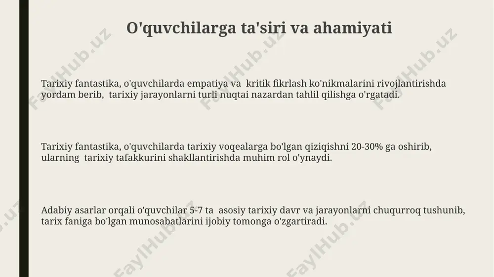 ari orqali, tarixiy manbalarda kam yoritiladigan ijtimoiy guruhlar, masalan, dehqonlar yoki hunarmandlar hayotiga chuqur kirib borish imkonini beradi. tarixiy fantastika, 15-20-asr voqealari orqali ijtimoiy iyerarxiya va siyosiy tizimlarni, masalan, feodalizm yoki imperiyalarni, o'quvchilarga tushunarli qilib namoyish etishda samarali vosita hisoblanadi. tarixiy romanda 3 dan ortiq parallel voqealar liniyalarini birlashtirish orqali, murakkab tarixiy jarayonlar, masalan, davlat islohotlari yoki urushlar, tahlil qilinishi mumkin. e'tiboringiz uchun rahmat @taqdimot_robot