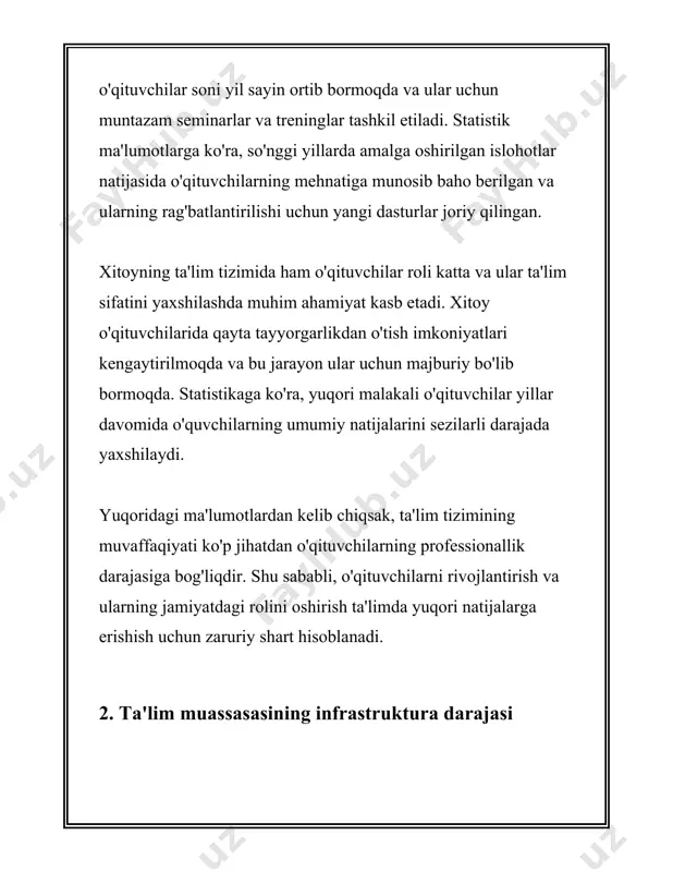 u esa odatda 4 yil o'qishni talab qiladi. shundan so'ng, ko'plab mutaxassislar magistratura yoki doktoranturaga kirib, qo'shimcha 2-6 yil davomida o'qishni davom ettiradilar. 4. **o'zbekistonning kadrlar tayyorlash tizimi:** o'zbekistonda har yili minglab talaba oliy o'quv yurtlaridan diplom oladi. 2021 yilda, masalan, o'zbekistonda taxminan 600 ming talaba oliy ta'lim muassasalarida tahsil olgan. 5. **tadbirkorlik va biznes boshqaruvi:** karyera yo'nalishida tadbirkorlik va biznes boshqaruvi bo'yicha kurslarda ishtirok etish muhim ahamiyatga ega. 2020 yilda o'zbekistonda kichik va o'rta biznes sub'yektlarining soni 20% ga o'sdi. buning sababi, ko'plab yosh mutaxassislar o'z bizneslarini boshlash istagida edilar. 6. **mehnat staji:** ko'pgina mutaxassisliklarda muvaffaqiyatga erishish mehnat staji va tajriba bilan bevosita bog'liq. masalan, it va hisobchi sohalarida 5 yildan ortiq tajribali xodimlarning maoshi boshlang'ich darajadagi xodimlarga nisbatan o'rtacha 50% ga yuqori. 7. **tillar bilimining ahamiyati:** ko'plab xalqaro kompaniyalar xodimlaridan bir nechta tilni bilishni talab qiladilar. masalan, 2021 yilda o'zbekistonda faoliyat yurituvchi xalqaro kompaniyalarning 70% i ingliz tilida …