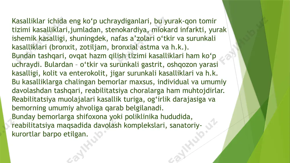 di va bemor iydik ushlab turishga qiynaladi. bunday o‘zgarishlar juda ko‘p va individual ravishda rivojlanadi. jamiyatda keksaygan insonlar soni ortib borgan sari uzoq muddatli parvarish bilan shug'ullanadiganlar soni ham ortib borish bilan birga qariyalar bilan muloqot qilish imkoniyatlari ham oshib bormoqda. keksalar bilan yumshoq suhbatlashishga imkon beradigan nutq uslubining o'ziga hos xususiyatlari mavjuddir. yoshi ulg'aygan sari, yuqori chastotali tovushlarni eshitish hamda tez gapiradigan tovushlarni ham eshitish qiyinlashadi. shuning uchun, ularga sekin va aniq ovozda qo'pol va dag'al bo'lmagan ovozda so'zlashish lozim bo'ladi. birdaniga baland ovozda gapirish keksa yoshdagi insonlarga nisbatan hurmatsizlik hisoblanadi. har bir so'zlayotgan nutqimizni o'ylab va fikrlab gapirishi lozim. keksa yoshdagi insonlar bilan muloqot jarayonida ularni gapirayotgan fikrini tugallamagunicha so'z qo'shmaslik, fikrini bosh chayqatib ma'qullab turish, ularni fïkrini to'g'riligi haqida o'ziga bildirib turish kerak bo'ladi. keksa yoshdagi bemorlarni hikoyasi tugamagunicha, ularni tinglash orqali sizni qiziqtirayotganini bildirish lozim. so'ng, gaplashib bo'lgach, savollar berish orqali suhbatni kengaytirish maqsadga muvofiqdi. qolaversa, …