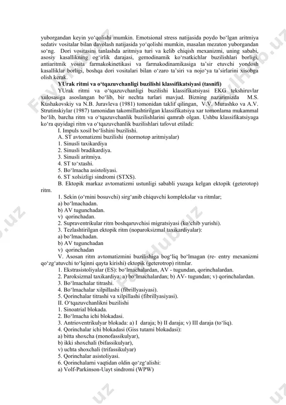o‘lmachalardan, av - tugundan, qorinchalardan. 2. paroksizmal taxikardiya: a) bo‘lmachalardan; b) av- tugundan; v) qorinchalardan. 3. bo‘lmachalar titrashi. 4. bo‘lmachalar xilpillashi (fibrillyasiyasi). 5. qorinchalar titrashi va xilpillashi (fibrillyasiyasi). ii. o‘tqazuvchanlikni buzilishi 1. sinoatrial blokada. 2. bo‘lmacha ichi blokadasi. 3. antrioventrikulyar blokada: a) i daraja; b) ii daraja; v) iii daraja (to‘liq). 4. qorinchalar ichi blokadasi (giss tutami blokadasi): a) bitta shoxcha (monofassikulyar), b) ikki shoxchali (bifassikulyar), v) uchta shoxchali (trifassikulyar) 5. qorinchalar asistoliyasi. 6. qorinchalarni vaqtidan oldin qo‘zg‘alishi: a) volf-parkinson-uayt sindromi (wpw) b) r-q intervalini qisqarish sindromi (clc). iii. kombinatsiyalangan (qo‘shilgan) ritm buzilishlari 1. parasistoliyalar. 2. chiqish blokadalari bilan kuzatiluvchi ektopik ritmlar. 3. atrioventrikular dissotsiatsiya. antiaritmik dv asosiy farmakodinamik ko‘rsatkichlari halqaro nomi gemodinamik effektlari elektrofiziologik ko‘rsatkichlarga ta’siri aritmogenez % qisqaruvchanlik ab qonning zarb xajmi upq xinidin - - - - - 0-faza susayishi, xarakat potensiali (xp), refrakterlik davri, p-q, qrs, q-t uzayishi 15,4 prokainamid - - - - - - …
