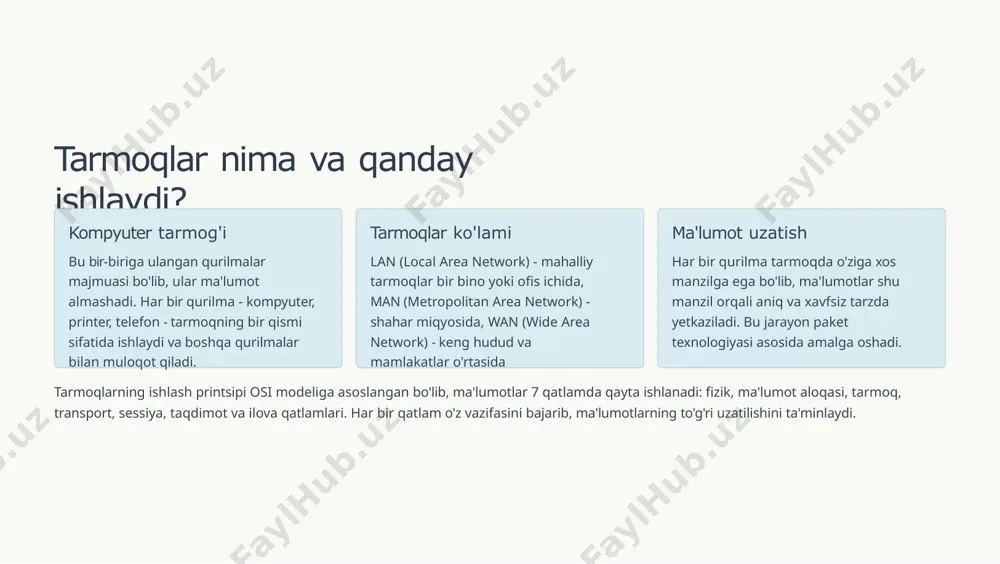 .0.0 – 126.255.255.255 imkoniyatlari: 16 milliondan ortiq qurilmalar foydalanish: katta korporativ tarmoqlar, internet provayderlar va davlat tashkilotlari uchun mo'ljallangan. birinchi oktet 1-126 orasida bo'ladi. 2 class b diapazon: 128.0.0.0 – 191.255.255.255 imkoniyatlari: 65,536 qurilmagacha foydalanish: o'rta o'lchamdagi tarmoqlar, universitetlar va yirik ofislar uchun ideal. birinchi oktet 128-191 orasida. 3 class c diapazon: 192.0.0.0 – 223.255.255.255 imkoniyatlari: 254 qurilmagacha foydalanish: kichik tarmoqlar, uy va kichik ofis tarmoqlari uchun. birinchi oktet 192-223 orasida bo'ladi. 4 class d va e diapazon: 224.0.0.0 – 255.255.255.255 imkoniyatlari: maxsus maqsadlar foydalanish: class d multicast uchun, class e tadqiqot va tajriba ishlar1 uchun ajratilgan. ip-manzillash va subnetlash: tarmoqni segmentlarga bo'lish subnet mask subnet mask yordamida tarmoq va host qismlari ajratiladi. masalan, 255.255.255.0 mask bilan tarmoqning qaysi qismi tarmoq identifikatori, qaysi qismi qurilma identifikatori ekanligi aniqlanadi. bu tarmoq ma'muriyatini osonlashtiradi. cidr notatsiyasi cidr (classless inter-domain routing) notatsiyasi: 192.168.1.0/24 ko'rinishida yoziladi. bu yerda /24 degan 24 bit tarmoq qismi, …