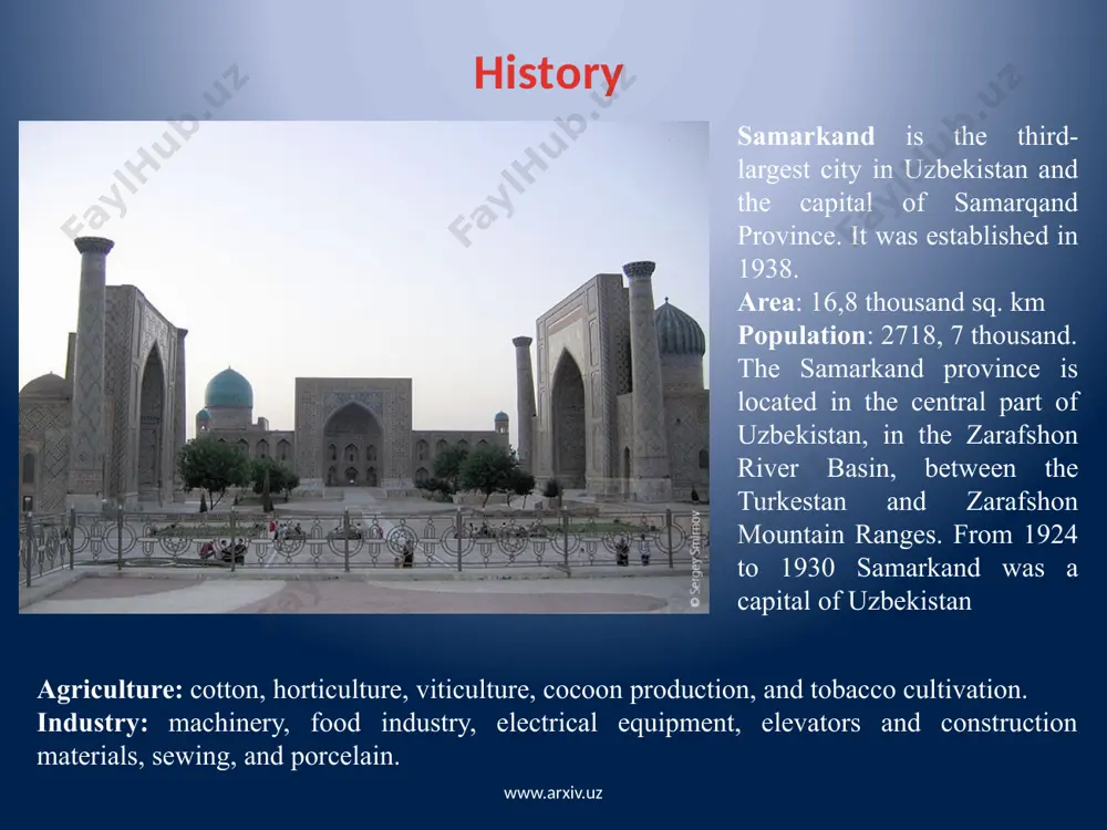 timur means “clever, talented”; that is why in history timur’s grandson mentioned only under the name ulugbek. www.arxiv.uz registan registan became a major square of samarkand in the 14th century. registan means "a sandy place". earlier, a river channel flowed through the area, forming sand and silt deposits. six streets cross at registan. while under temur the square was a commercial and crafts center, it became a spiritual center under ulugbeg. ulugbeg constructed a majestic madrassah and s sufi khanaka with a huge dome. the old buildings on registan had fallen into disrepair by the 17th century and the governor of samarkand, yalang-tush-biy, built sher-dor madrassah in the place of ulugbeg's khanaka, and later built tiliya-kari madrassah as well. www.arxiv.uz ulugbek madrassah the madrassah of ulugbeg was under construction from 1417-1420. its huge portal has an arch of 15m in width. the mosaic panel above the arch shows a symbolic …