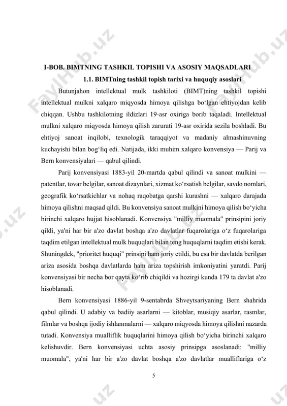oylashgan bo‘lib, u parij va bern konvensiyalarining ijrosini ta’minlash, ularga a’zo davlatlar o‘rtasida muvofiqlashtirish ishlarini olib borish, huquqiy normativ asoslarni ishlab chiqish hamda konferensiyalar tashkil qilish kabi funksiyalarni bajargan. bu tashkilot xx asr davomida xalqaro miqyosda intellektual mulkni boshqarishda muhim o‘rin egalladi. ammo 1960-yillarga kelib, intellektual mulk sohasi yanada kengayib, yangi texnologiyalar va global iqtisodiy integratsiyalashuv tufayli bu boradagi xalqaro hamkorlikni kuchaytirish ehtiyoji tug‘ildi. shu sababli 1967-yil 14-iyulda shvetsiyaning stokgolm shahrida maxsus diplomatik konferensiya chaqirildi. unda "butunjahon intellektual mulk tashkilotini tashkil etish to‘g‘risida"gi konvensiya imzolandi. bu hujjat asosida butunjahon intellektual mulk tashkiloti — bimt (world intellectual property organization, wipo) tashkil etildi. ushbu konvensiya 1970-yil 26-aprelda kuchga kirdi va birpining barcha funksiyalari bimtga o‘tkazildi. shunday qilib, bimt birpining bevosita vorisi sifatida intellektual mulk sohasida xalqaro boshqaruv organi sifatida shakllandi. 1974-yilda esa bimt rasmiy ravishda birlashgan millatlar tashkilotining ixtisoslashgan agentligi sifatida e’tirof etildi. bu esa tashkilot faoliyatining xalqaro nufuzini yanada oshirdi va …