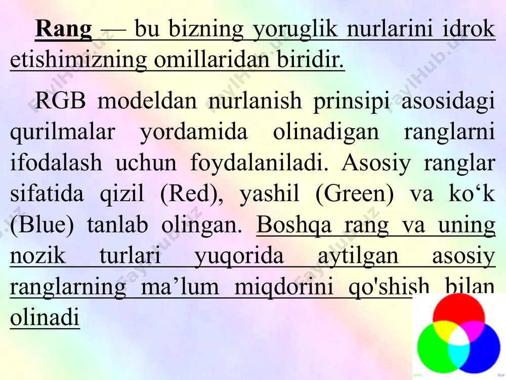 m uchun zarur bo'lgan video xotirasi qancha. 17 17 2 - topshiriq 320 * 400 piksel o'lchamidagi bitmap rasmini saqlash uchun 125 kb xotira kerak edi. palitradagi ranglar sonini aniqlang. 18 18 3 - topshiriq monitor pikselining rangi uchta tarkibiy qism bilan belgilanadi: yashil, ko'k va qizil. 5 bit bitta qizil pikselning qizil va ko'k qismlariga ajratilgan. agar 8 * 8 piksel o'lchamidagi rastrli tasvir 128 bayt xotirani egallasa, bitta pikselning yashil tarkibiy qismiga qancha bit ajratilgan. 19 19 quyidagi ranglarni kodlash ishlari. ularni hal qilish uchun quyidagilarni bilishingiz kerak: agar boshlang'ich rgb ranglarini kodlaydigan bayt xx xx xx ning barcha uch juftlari bir-biriga teng yoki bir oz farq qilsa, u holda bu yoki boshqa to'yinganlikning kulrang kodi; agar berilgan rangning kodidagi yuqori bayt 4 dan kam bo'lsa, unda bu rang etishmayotgan deb taxmin qilishimiz mumkin; agar baland bayt 7 yoki undan ortiq bo'lsa, unda bu rangning ta'siri juda katta. …
