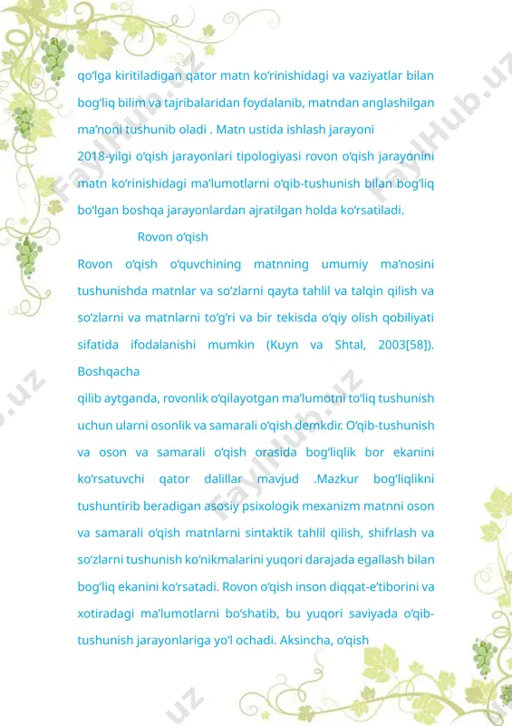 deyarli e’tibor qaratmaydilar (uayt, chen va forsayt, 2010[54]). bundan tashqari, ma’lumotlarni qidirib topish veb sahifalar va boshqa murakkab raqamli ma’lumotlardan foydalanishda o‘qish jarayonining ajralmas qismi hisoblanadi (brand-gruel, wopereis va vermetten, 2005[66]; leu va boshqalar, 2013[11]). pisa 2018 qamrov doirasida o‘quvchilar matnlar ichida va matnlararo ma’lumotlarni topish uchun kerakli bo‘lgan ikki jarayonga e’tibor qaratiladi. image1.jpeg