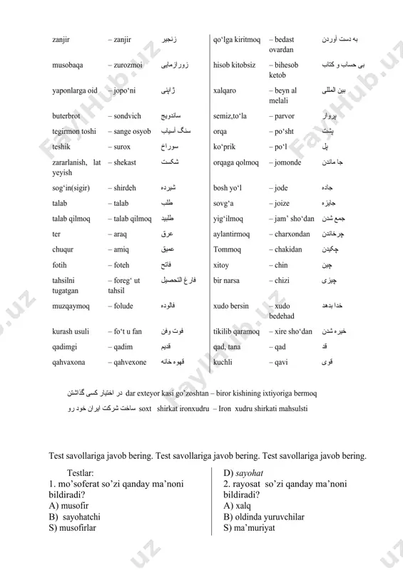 زراعت muzqaymoq – bastani بستنی zo’r qilmoq – zur zadan زور زدن o‘pmoq – bo‘sidan بوسیدن zanjir – zanjir زنجیر qo‘lga kiritmoq – bedast ovardan به دست آوردن musobaqa – zurozmoi زورازمایی hisob kitobsiz – bihesob ketob بی حساب و کتاب yaponlarga oid – jopo‘ni ژاپنی xalqaro – beyn al melali بین المللی buterbrot – sondvich ساندویج semiz,to‘la – parvor پروار tegirmon toshi – sange osyob سنگ آسیاب orqa – po‘sht پشت teshik – surox سوراخ ko‘prik – po‘l پل zararlanish, lat yeyish – shekast شکست orqaga qolmoq – jomonde جا ماندن sog‘in(sigir) – shirdeh شیرده bosh yo‘l – jode جاده talab – talab طلب sovg‘a – joize جایزه talab qilmoq – talab qilmoq طلبید yig‘ilmoq – jam’ sho‘dan جمع شدن ter – araq عرق aylantirmoq – charxondan چرخاندن chuqur – amiq عمیق tommoq – chakidan چکیدن fotih – foteh فاتح xitoy – chin چین tahsilni tugatgan – foreg‘ ut …