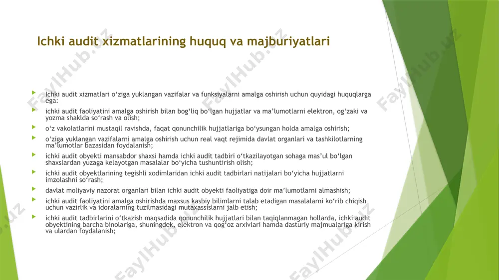 teriya hisobi va ichki nazorat tizimini baholash. muntazam operatsion faoliyatni o'rganish. tovar-moddiy zaxiralarni ma'lum vaqt oralig'ida jismoniy tekshirish. tashkilotning moliyaviy va moliyaviy bo'lmagan ma'lumotlarini tahlil qilish. firibgarliklar va xatolarni aniqlash. ichki auditning asosiy maqsadi tashkilot faoliyati qiymatini oshirish va tashkilotning ichki nazorati, ichki tekshiruvi va xatarlarni boshqarish tizimini nazorat qilishdir. ichki audit tashkilot xodimlari bo'lgan ichki auditorlar tomonidan o'tkaziladi. bu yil davomida doimiy audit o'tkaziladigan tashkilot tarkibidagi alohida bo'lim. ichki audit хizmati oʻz faoliyatida vazirlik va idoraning boshqa tarkibiy boʻlinmalaridan mustaqil hisoblanadi va bevosita vazirlik va idora rahbariga boʻysunadi hamda unga hisobdordir; ichki audit tadbirlari ichki audit yillik rejasi asosida ichki audit ob’yektida oʻtkaziladi; byudjet toʻgʻrisidagi qonunchilik hujjatlari buzilganligi toʻgʻrisida ma’lumotlar kelib tushganda hamda fuqarolar ishtirokidagi audit tizimi orqali ichki audit tadbiri oʻtkaziladigan ichki audit ob’yektlari aniqlanganda, ichki audit tadbirlari vazirlik va idora rahbari qarori asosida oʻtkaziladi; ichki audit tadbiri ichki audit tadbirini oʻtkazish guruhi yoki ichki audit хizmati хodimi …