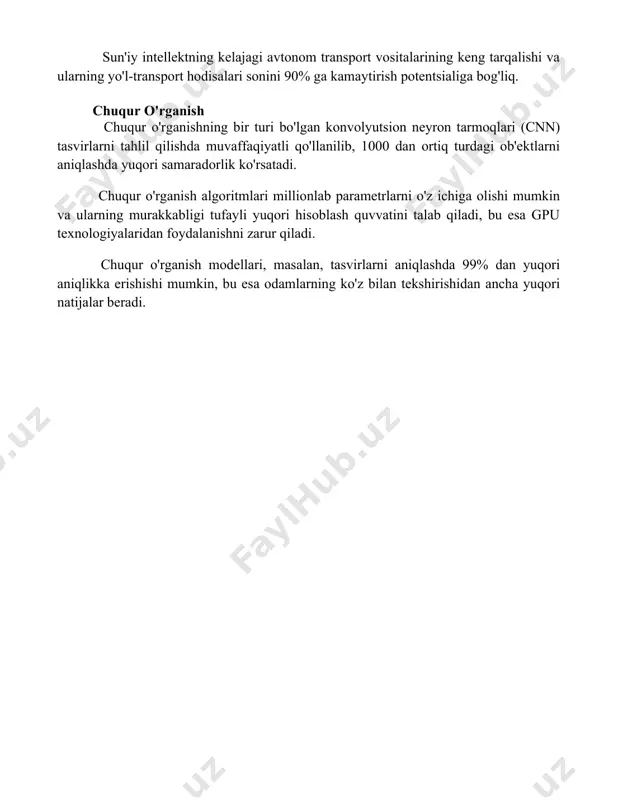 salari sonini 90% ga kamaytirish potentsialiga bog'liq. chuqur o'rganish chuqur o'rganishning bir turi bo'lgan konvolyutsion neyron tarmoqlari (cnn) tasvirlarni tahlil qilishda muvaffaqiyatli qo'llanilib, 1000 dan ortiq turdagi ob'ektlarni aniqlashda yuqori samaradorlik ko'rsatadi. chuqur o'rganish algoritmlari millionlab parametrlarni o'z ichiga olishi mumkin va ularning murakkabligi tufayli yuqori hisoblash quvvatini talab qiladi, bu esa gpu texnologiyalaridan foydalanishni zarur qiladi. chuqur o'rganish modellari, masalan, tasvirlarni aniqlashda 99% dan yuqori aniqlikka erishishi mumkin, bu esa odamlarning ko'z bilan tekshirishidan ancha yuqori natijalar beradi. 📌xulosa sun'iy intellektning jadal rivojlanishi insoniyat uchun katta imkoniyatlar va xavf-xatarlarni yaratmoqda. uning ta'siri barcha sohalarga taalluqli bo'lib, kelajakda ham davom etadi. mas'uliyatli va ehtiyotkorlik bilan qo'llanilishi muhim. 📚foydalanilgan adabiyotlar 1. russell, s. j., norvig, p. (2010). sun'iy intellekt: zamonaviy yondashuv. (artificial intelligence: a modern approach). 2. nilsson, n. j. (1998). sun'iy intellektning asoslari. (principles of artificial intelligence). 3. winston, p. h. (2009). sun'iy intellekt. (artificial intelligence). 4