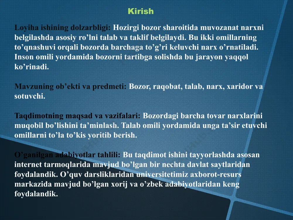 tib olishni xohlayotgan tovarlar hajmi bilan xaridorlar tomonidan real sotib olingan tovarlar miqdorini farqlash kerak, chunki ular mos tushmasligi ham mumkin. ko’p holatlarda xaridorlar real xarid qilib olishi mumkin bo’lganiga qaraganda, ba’zi bir tovarlarni katta miqdorda olishni xohlaydilar, bu hohish esa ularning shu tovarlarni sotib olish uchun zarur pulga ega ekanligini, ya’ni ularning xohishi xayol bo’lmasdan amaliy bo’lishini ko’rsatadi. talab qilingan tovarlar miqdorini bir qancha omillar begilaydi: tovar yoki xizmatlar narxi, xaridorlarning didi, ta’bi; iste’molchilar daromadi, o’rinbosar tovar va xizmatlarning narxi; mavjud tovar va xizmatlarni xarid qilib oluvchilarning umumiy soni; inflyatsiya ehtimoli yoki taxmini. bu yerda ko’rinib turibdiki, mahsulotning narxi (p1) bo’lganda unga bo’lgan talab miqdori (q1) ni tashkil etdi, lekin mahsulot narxi (p2) bo’lganda talab miqdori ham mos ravishda (q0) ga o’zgardi. bundan ko’rinadiki, mahsulot narxi bir birlikka o’zgarsa, unga mos ravishda talab miqdori ham bir birlik o’zgaradi. bozor agenti xaridorlar sotuvchilar ehtiyojlar to’lov qobiliyati talab miqdoriy mahsulotlar tomoni …