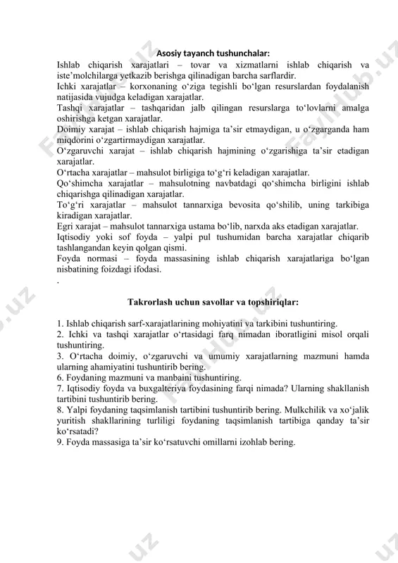 a orqali ko‘rish mumkin. sarflangan ishlab chiqarish vositalari qiymati (qiv) ish haqi (ih) yalpi foyda (fya) mahsulot tannarxi (t) mahsulot qiymati (q) 6-chizma. mahsulot qiymati tarkibi. bular quyidagicha aniqlanadi: 1. , bu yerda: r' – foyda normasi; p – foyda massasi; w – ishlab chiqarish xarajatlari; 2. bu yerda: r' – foyda normasi; p – foyda massasi; kavans (asosiy kapital+aylanma kapital) – korxona avanslangan mablag‘lari yoki asosiy va aylanma kapitalning o‘rtacha yillik qiymati. asosiy tayanch tushunchalar: ishlab chiqarish xarajatlari – tovar va xizmatlarni ishlab chiqarish va iste’molchilarga yetkazib berishga qilinadigan barcha sarflardir. ichki xarajatlar – korxonaning o‘ziga tegishli bo‘lgan resurslardan foydalanish natijasida vujudga keladigan xarajatlar. tashqi xarajatlar – tashqaridan jalb qilingan resurslarga to‘lovlarni amalga oshirishga ketgan xarajatlar. doimiy xarajat – ishlab chiqarish hajmiga ta’sir etmaydigan, u o‘zgarganda ham miqdorini o‘zgartirmaydigan xarajatlar. o‘zgaruvchi xarajat – ishlab chiqarish hajmining o‘zgarishiga ta’sir etadigan xarajatlar. o‘rtacha xarajatlar – mahsulot birligiga to‘g‘ri keladigan xarajatlar. qo‘shimcha …