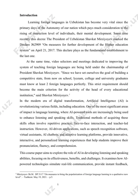 and suggest future directions for integrating ai into language learning effectively. the tasks of the paper are: 1. define key concepts related to artificial intelligence (ai) and its applications in language learning, particularly in listening and speaking. 2. analyze the role of ai-powered tools (such as speech recognition, virtual assistants, and chatbots) in enhancing listening comprehension and speaking skills. 3. examine the advantages of ai in language learning, including real-time feedback, personalized learning, and increased accessibility. 4. identify potential challenges and limitations of using ai in developing listening and speaking skills, such as accuracy issues, lack of human interaction, and ethical concerns. 5. review existing studies and case examples of ai-based listening and speaking applications in language education. 6. suggest practical recommendations for effectively integrating ai into listening and speaking activities in educational settings. 7. evaluate future trends and developments in ai-assisted language learning and their potential impact on education. …
