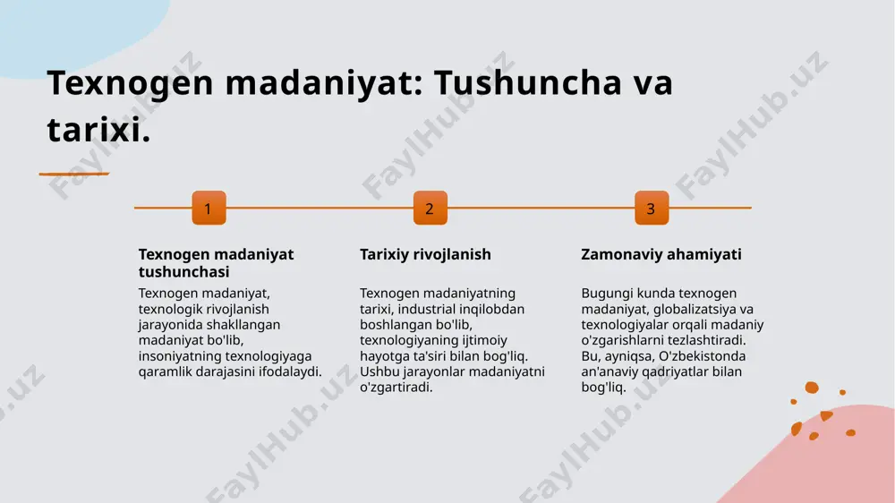 amoqda. madaniy o'zgarishlar texnologik yangiliklar madaniyatni yangilashga yordam bermoqda. o'zbekistonda an'anaviy san'at va madaniy qadriyatlar raqamli platformalarda yanada keng tarqalmoqda. ta'lim va innovatsiya innovatsiyalar ta'lim sohasida ham muhim rol o'ynaydi. yangi metodlar va raqamli resurslar talabalar uchun o'qish jarayonini qiziqarli va samarali qilmoqda. o'zbekistonda texnologik taraqqiyotning madaniyatga ta'siri. 01 texnologik o'zgarishlar o'zbekistonda texnologik o'zgarishlar iqtisodiyot, ta'lim va ijtimoiy hayotda yangi imkoniyatlar yaratmoqda, bu esa madaniyatni rivojlantirishga turtki beradi. 02 madaniy transformatsiya texnologiya ta'siri ostida madaniyat yangi shakllar va ifoda uslublarini qabul qilmoqda, bu esa o'zbek madaniyatining boylashuviga olib kelmoqda. 03 an'analar va innovatsiyalar zamonaviy texnologiyalar an'anaviy madaniyat bilan uyg‘unlashib, yangi innovatsion yechimlar yaratilishiga sabab bo'lmoqda, bu esa madaniyatni yangilaydi. 04 ijtimoiy aloqalar texnologik taraqqiyot ijtimoiy aloqalarni mustahkamlash, madaniy almashuvni kuchaytirish va global miqyosda o'zbek madaniyatini tanitishga yordam bermoqda. zamonaviy o'zbekistonda madaniyat va texnologiyaning uyg'unligi. 1 texnologik integratsiya zamonaviy o'zbekistonda texnologik integratsiya madaniyatni boyitishda muhim rol o'ynaydi, ayniqsa, raqamli texnologiyalar va …