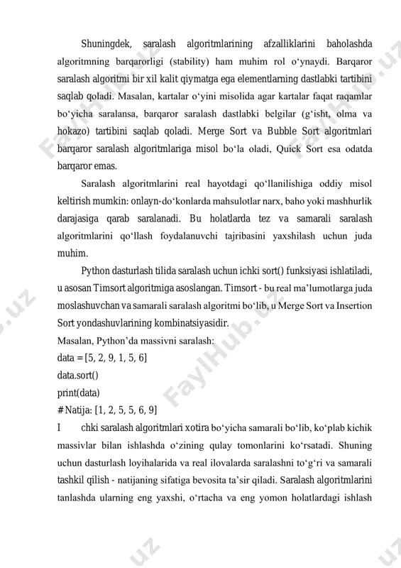 atan afzal bo‘lishi mumkin. masalan, kichik o‘lchamdagi massivlar uchun insertion sort juda tez ishlaydi, chunki u minimal ustama (overhead) talab qiladi va agar massiv qisman tartiblangan bo‘lsa, yanada samarali natija beradi. katta hajmdagi va tartibsiz ma'lumotlar uchun esa quick sort yoki merge sort kabi algoritmlar tanlanadi. ba'zan saralash faqat raqamlar ustida emas, balki murakkab obyektlar ustida ham amalga oshiriladi. bunday hollarda python tilida key parametri orqali saralash mezonini belgilash mumkin. masalan: students = [ {"name": "ali", "age": 22}, {"name": "vali", "age": 20}, {"name": "sami", "age": 21} ] students.sort(key=lambda x: x['age']) print(students) # natija: [{'name': 'vali', 'age': 20}, {'name': 'sami', 'age': 21}, {'name': 'ali', 'age': 22}] bunda age bo‘yicha saralash amalga oshirildi. ba'zi holatlarda saralash algoritmlari parallel ravishda ham bajarilishi mumkin, bu esa juda katta hajmdagi ma’lumotlarni tezda saralash imkonini beradi. parallel saralash algoritmlari - zamonaviy ko‘p yadroli protsessorlardan samarali foydalanishga imkon beradi. saralash algoritmlarini chuqur o‘rganish orqali dasturchilar o‘z kodlarini …