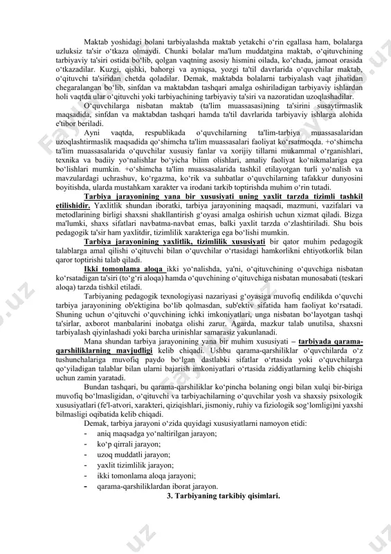 hozirgi paytda o‘zbekiston respublikasi rahbariyati yoshlar orasidan eng iqtidorli, salohiyatlilarini tanlab, saralab olib, ularni ilmiy, madaniy-ma'naviy jihatdan kamolotga erishishlari, zamonaviy fan-texnika asoslarini puxta o‘zlashtirib olishlari uchun g‘amxo‘rlik qilmoqda. o‘zbekiston respublikasining istiqboli nazarda tutilib, ko‘pgina yoshlarning turkiya, xitoy, yaponiya, aqsh, germaniya kabi rivojlangan xorijiy mamlakatlarga tahsil olish uchun yuborilayotganliklari fikrimizning yorqin dalilidir. bugungi kunda o‘zbekiston respublikasining «ta'lim to‘g‘risida» qonunini hayotga joriy etish, ta'lim-tarbiya, sog‘liqni saqlash hamda umumiy tibbiyot muammolarini zamon talablari darajasida olib borish, maktablarni milliylashtirish, o‘rta maxsus hamda oliy o‘quv yurtlariga kirish imtihonlarini test usulida o‘tkazish borasida amalga oshirilayotgan ijobiy ishlar o‘z samarasini bermoqda. jamiyat ma'naviyati va shaxs kamolotida muhim o‘rin tutuvchi ma'naviy va axlohiy poklik, iymon, insof, diyonat, or-nomus, mehr-oqibat, keksalarga hurmat singari insoniy fazilatlar o‘z-o‘zidan shakllanmaydi. barchasining asosida yosh avlodga oila, umumiy o‘rta, o‘rta maxsus, kasb-hunar hamda oliy ta'lim tizimida amalga oshirilayotgan ta'lim-tarbiya mazmuni, g‘oyaviy yo‘nalishi va samarasi yotadi. o‘sib kelayotgan yosh avlodning zamon talablariga mos, barkamol inson …