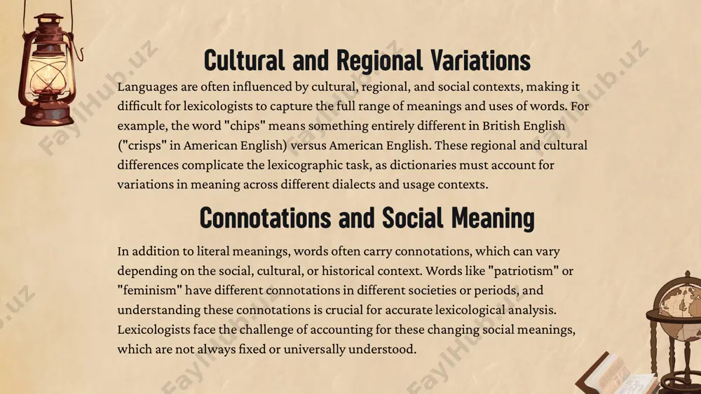ing of the words does not suggest this. lexicologists face challenges in defining and analyzing idiomatic expressions, as their meanings depend on cultural context and cannot be easily deduced from the literal meanings of the individual words. phonosemantics (sound and meaning relationships) phonosemantics refers to the relationship between the sound of a word and its meaning. certain sounds in words can have a connection to their meanings, especially in onomatopoeia (words that imitate sounds, such as "buzz," "clang," or "meow"). understanding the phonetic-semantic relationship in lexicology is challenging because not all words follow this pattern, and the meanings of sounds can vary across languages and cultures. lexicology is the branch of linguistics that focuses on the study of words, their meaning, and their use in a particular language. it is concerned with the nature of words and their interactions within a language system. lexicology includes the analysis of the structure, …