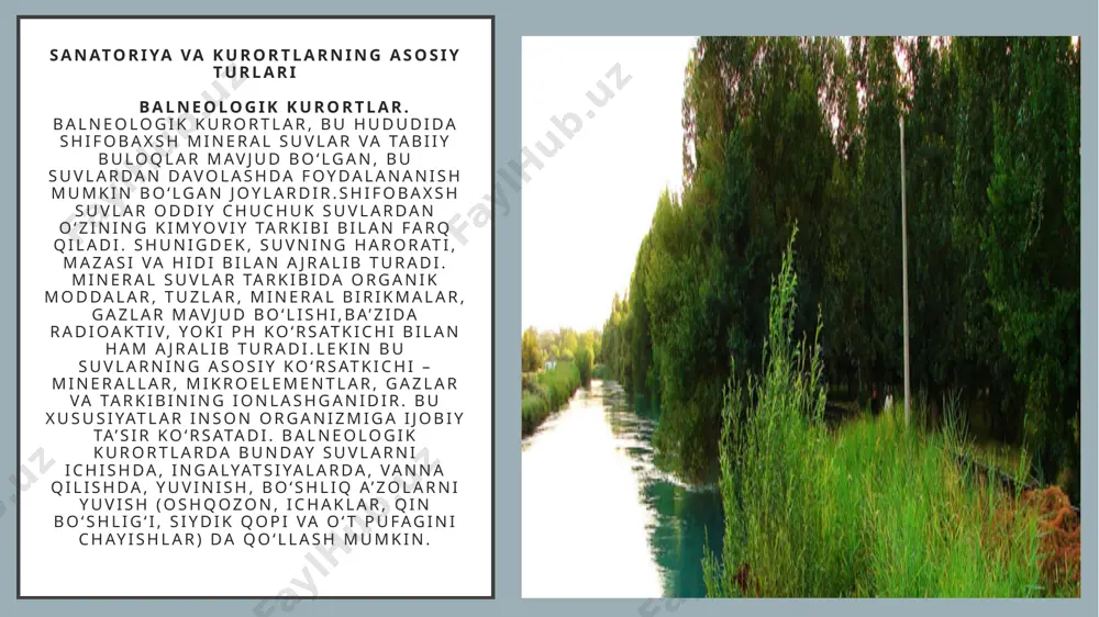 suvlar va balchiqli ko‘lning balchig‘idir. vodorod sulfidli vannalar, chayishlar va boshqa maqsadda foydalaniladi. sulfidli suvlar odam organizmiga teri, shilliq pardalar va nafas yo‘llari orqali ijobiy ta’sir etadi va sog‘lomlashtiradi. davolash uchun ko‘rsatmalar: qon aylanish tizimi kasalliklari, asab tizimi kasalliklari, ginekologik va urologic kasalliklar. «kosonsoy» sanatoriyasi –namangan shahridan 30 km masofada joylashgan bo‘lib, iqlimi qishda 0°-3°c gacha, yozda esa +26° – 28°c gacha iliq bo‘ladi. davolash kompleksida davo vosita sifatida iqlim bilan davolash, balchiq bilan davolash, galvanoterapiya, fiioterapiya, suv bilan davolash, massaj va davolovchi jismoniy tarbiya, parhez va mineral ichimlik suvlar tavsiya etiladi. «oqtosh» sanatoriyasi – toshkent shahridan 65 km masofada va dengiz sathidan 1140 m balandlikda joylashgan. davolash omili mussaffo tog‘ havosi, tog‘ daryolaridan kelayotgan tog‘ suvlari juda shifobaxsh xususiyatga ega. nospetsifik nafas a’zolari kasalliklarida davolanish uchun tavsiya etiladi. «chinobod» sanatoriyasi balneologik balchiqli kurort bo‘ lib, toshkent shahrida, dengiz sathidan 470 m balandlikda joylashgan. asosiy tibbiy davo omili toshkent artezian …