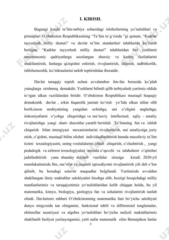 ika faniga qiziqishni kuchaytirish, iqtidorli bolalarni seleksiya qilib, ixtisoslashtirilgan maktablar va keyinchalik oliy taʼlim muassasalariga qamrab olish ishlarini toʻgʻri tashkil qilish kerakligi taʼkidlandi. bolalar uchun mazkur fandan oddiy va tushunarli tilda yozilgan ommabop darslik va oʻquv qoʻllanmalari yaratish, matematik ongni, kerak boʻlsa, bogʻchadan boshlab shakllantirish vazifasi qoʻyildi. - matematika hamma aniq fanlarga asos. bu fanni yaxshi bilgan bola aqlli, keng tafakkurli boʻlib oʻsadi, istalgan sohada muvaffaqiyatli ishlab ketadi, - dedi prezident. ta’lim tizimidagi kamchiliklar, shu jumladan, matematika fanidan ham o’qitish uslubiyatini chetlab o’tmaydi. har bitta fanga alohida e’tibor berish, har bir mavzuni o’qitishda ma’suliyatli bo’lish o’qituvchi, professor, dosent va akademiklarning eng oliy maqsadi hisoblanadi. bizga ma’lumki matematika fani juda qiziqarli va shu bilan birga murakkab fan bo’lib ham hisoblanadi. ma’lumki, matematika analiz fani nima uchun kerak, nima maqsadlarda foydalaniladi, uning yechimlari qanday topiladi kabi masalalar qaraladi. shu o’rinda bu mavzuga doir “bir jinsli bo’lmagan parabolic tenglama uchun koshi masalasi” mavzusiga …
